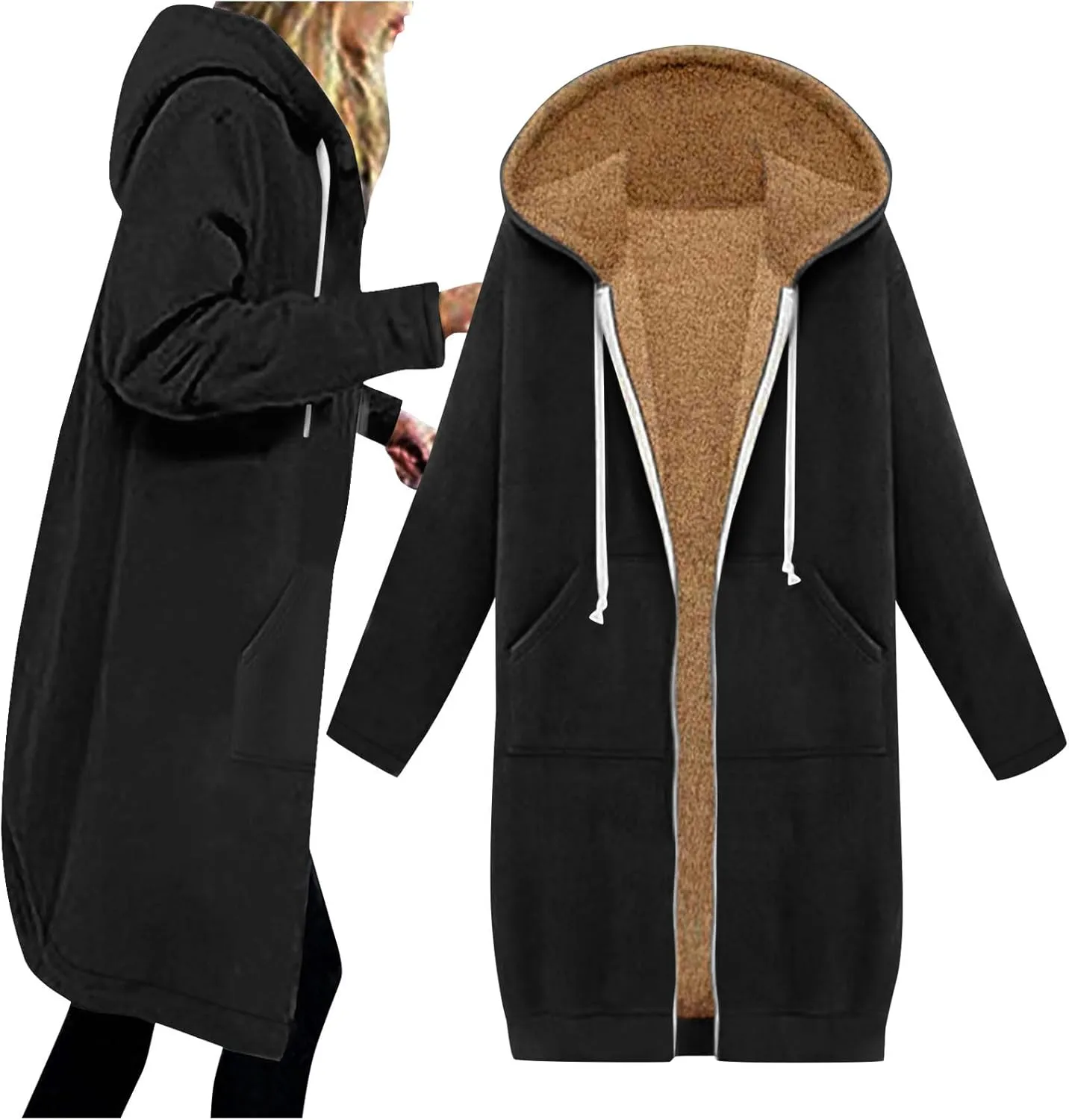 Long Fleece Lined Hooded Jacket for Women, Fuzzy Warm Full Zip Coat Casual Comfortable Thick Knee Length Outerwear