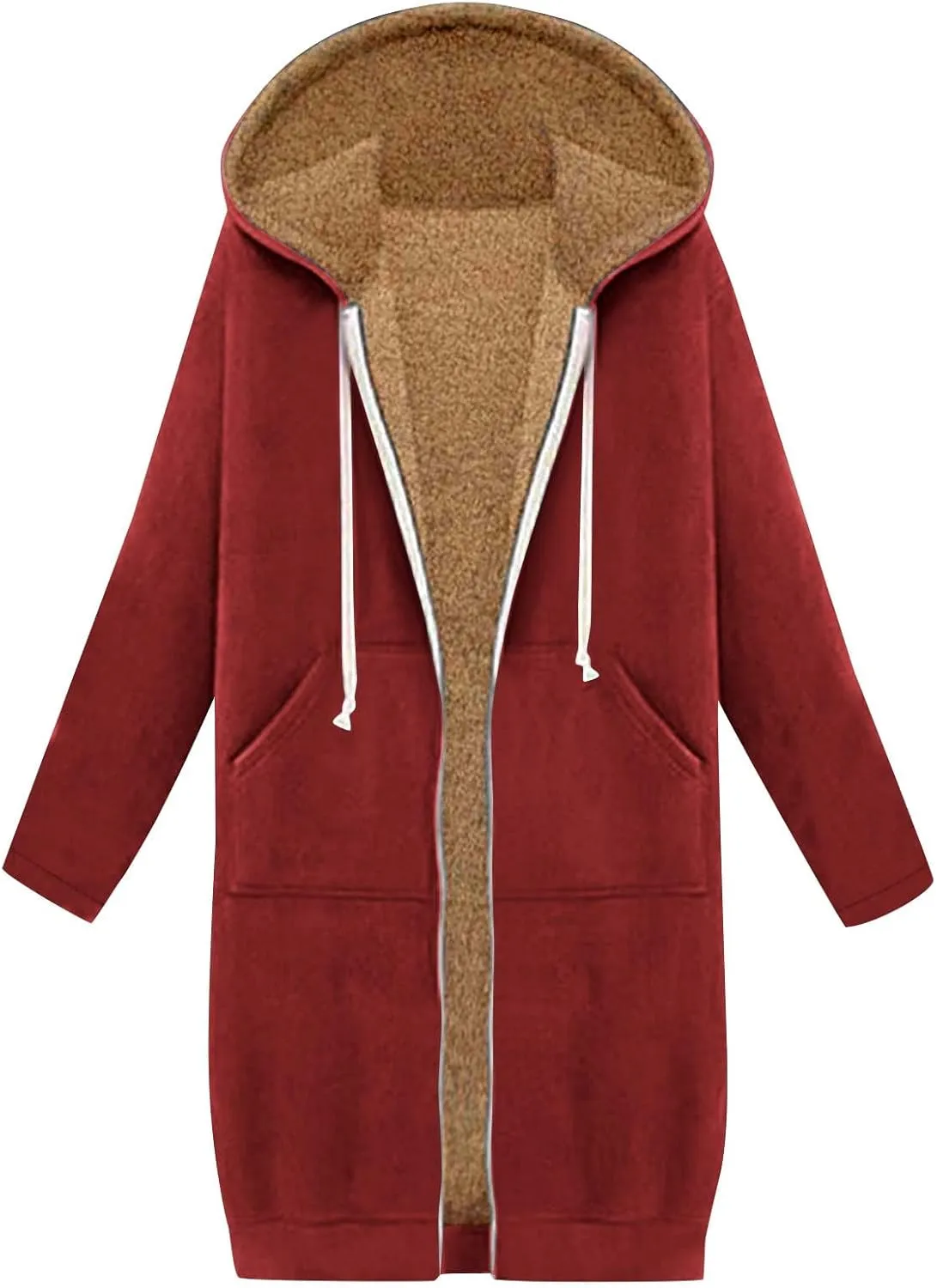 Long Fleece Lined Hooded Jacket for Women, Fuzzy Warm Full Zip Coat Casual Comfortable Thick Knee Length Outerwear