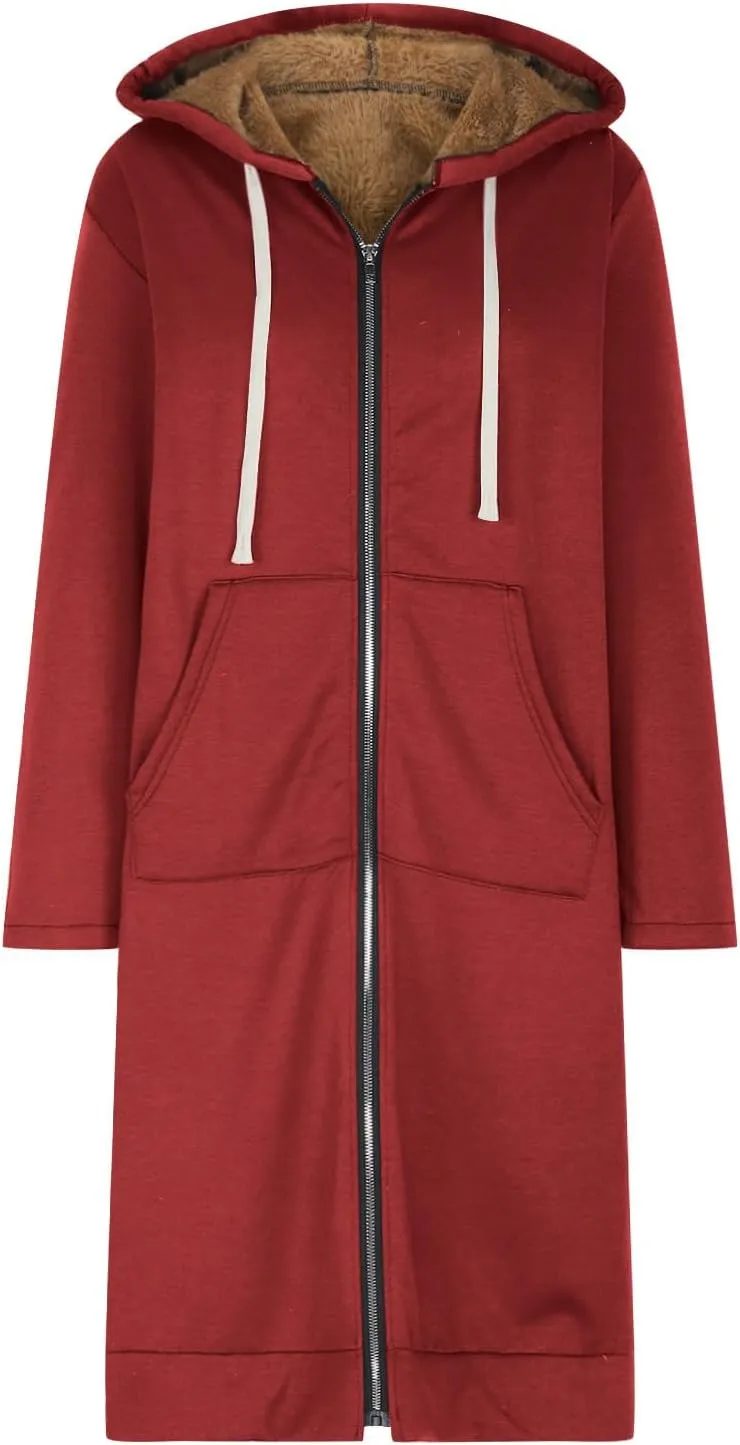 Long Fleece Lined Hooded Jacket for Women, Fuzzy Warm Full Zip Coat Casual Comfortable Thick Knee Length Outerwear