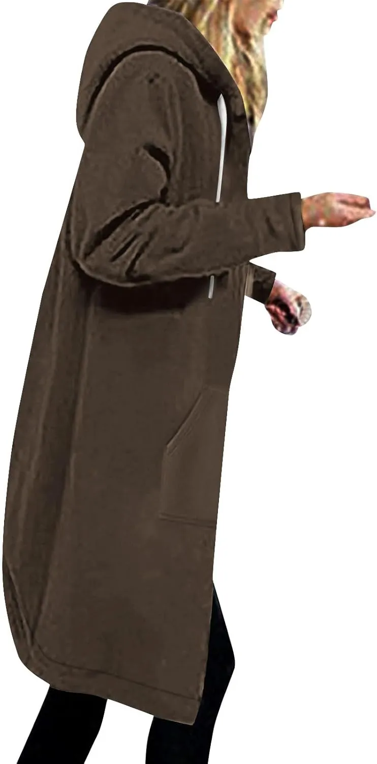 Long Fleece Lined Hooded Jacket for Women, Fuzzy Warm Full Zip Coat Casual Comfortable Thick Knee Length Outerwear