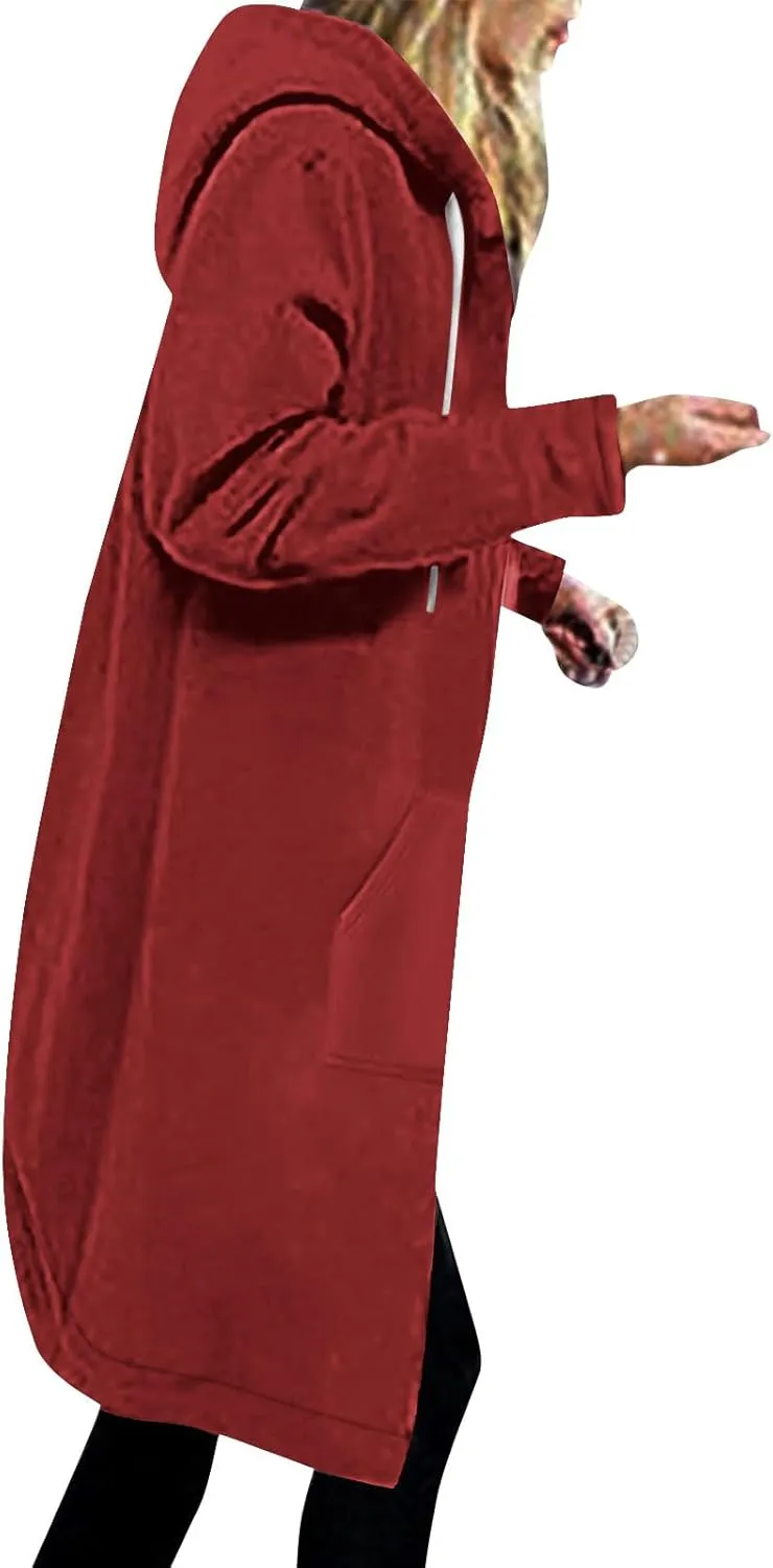 Long Fleece Lined Hooded Jacket for Women, Fuzzy Warm Full Zip Coat Casual Comfortable Thick Knee Length Outerwear