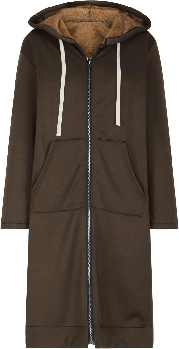 Long Fleece Lined Hooded Jacket for Women, Fuzzy Warm Full Zip Coat Casual Comfortable Thick Knee Length Outerwear
