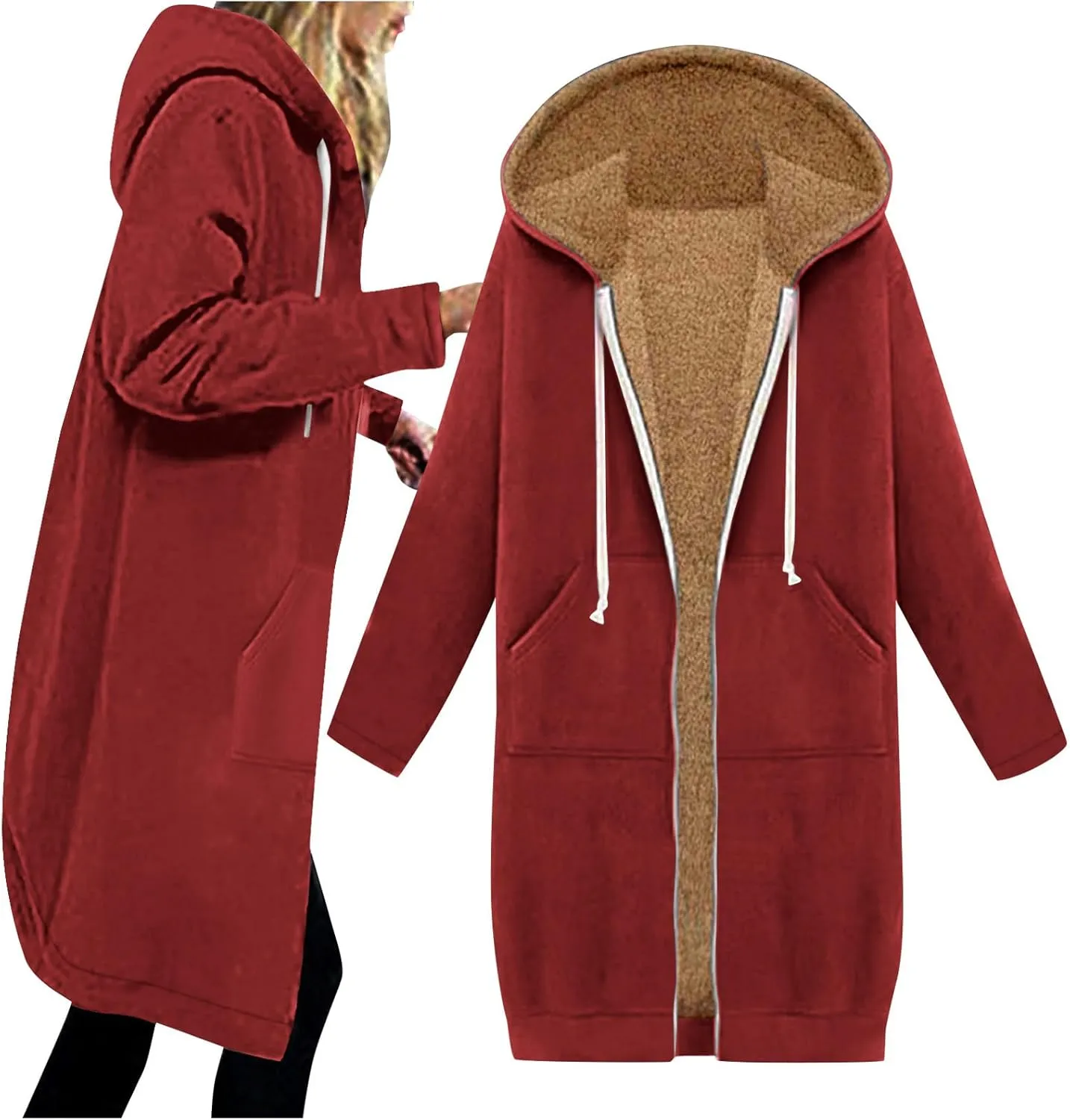 Long Fleece Lined Hooded Jacket for Women, Fuzzy Warm Full Zip Coat Casual Comfortable Thick Knee Length Outerwear