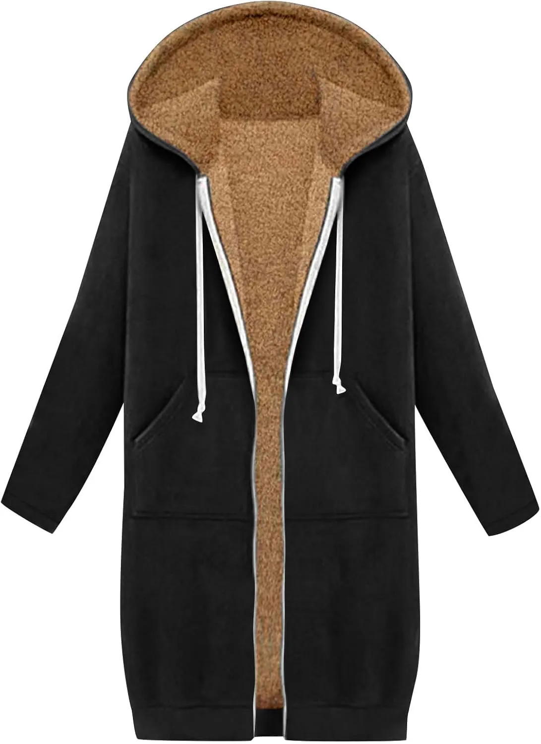 Long Fleece Lined Hooded Jacket for Women, Fuzzy Warm Full Zip Coat Casual Comfortable Thick Knee Length Outerwear