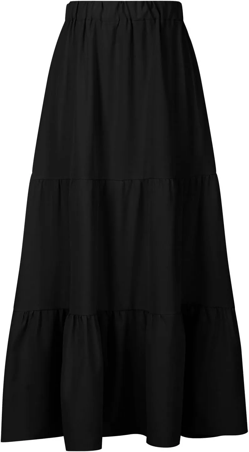 Maxi Skirt for Women High Waist Pleated A-Line Skirts Flowy Ruffle Tiered Long Swing Boho Beach Skirt with Pockets