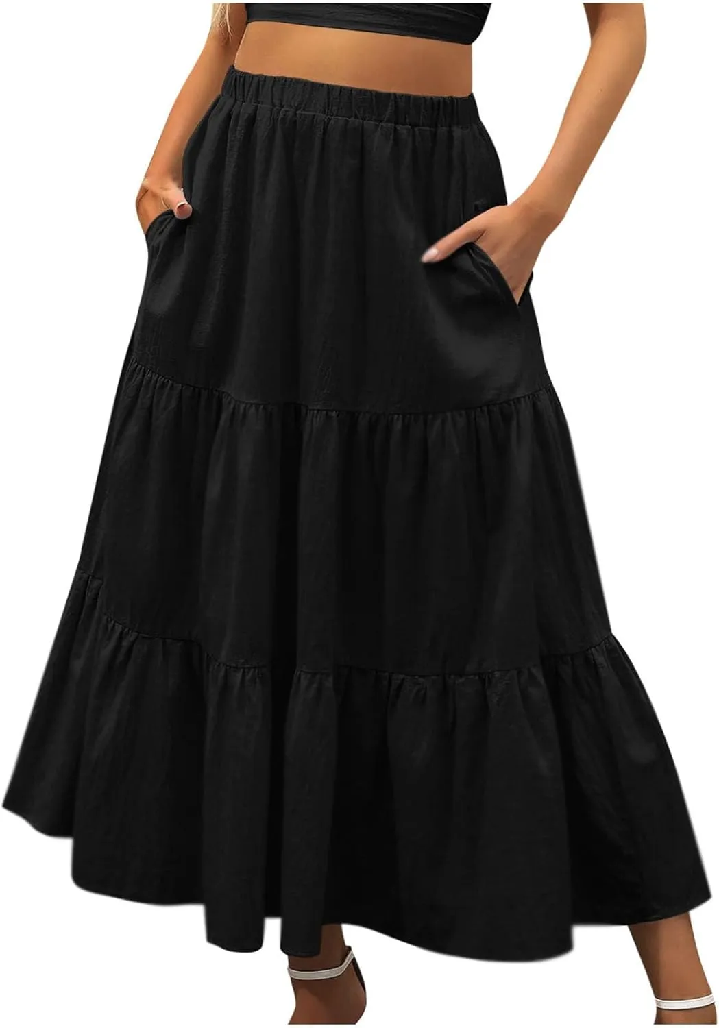 Maxi Skirt for Women High Waist Pleated A-Line Skirts Flowy Ruffle Tiered Long Swing Boho Beach Skirt with Pockets