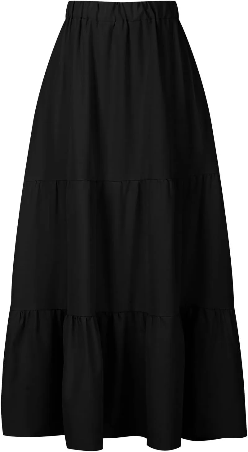 Maxi Skirt for Women High Waist Pleated A-Line Skirts Flowy Ruffle Tiered Long Swing Boho Beach Skirt with Pockets