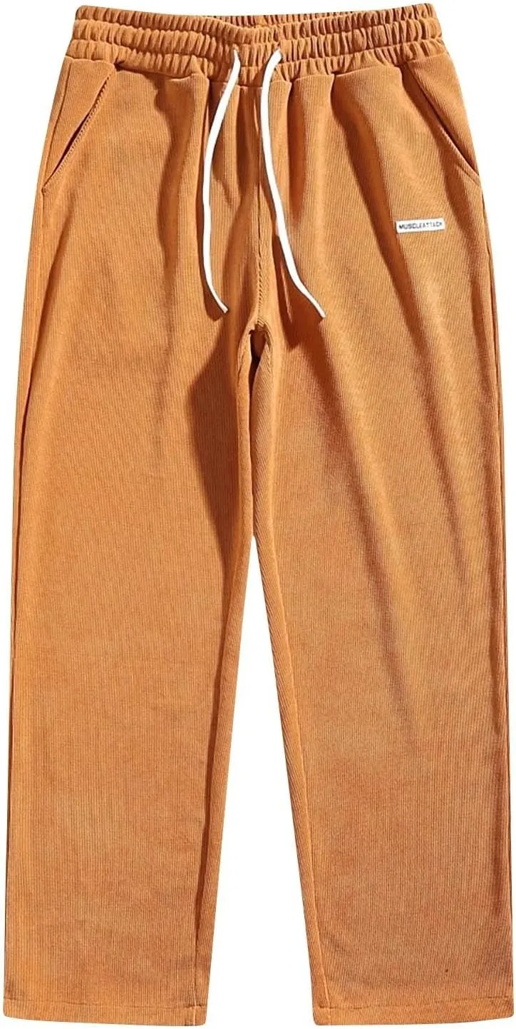 Men's Corduroy Pants Casual Loose Drawstring Elastic Waist Straight Wide Leg Jogger Sweatpant Trousers with Pockets