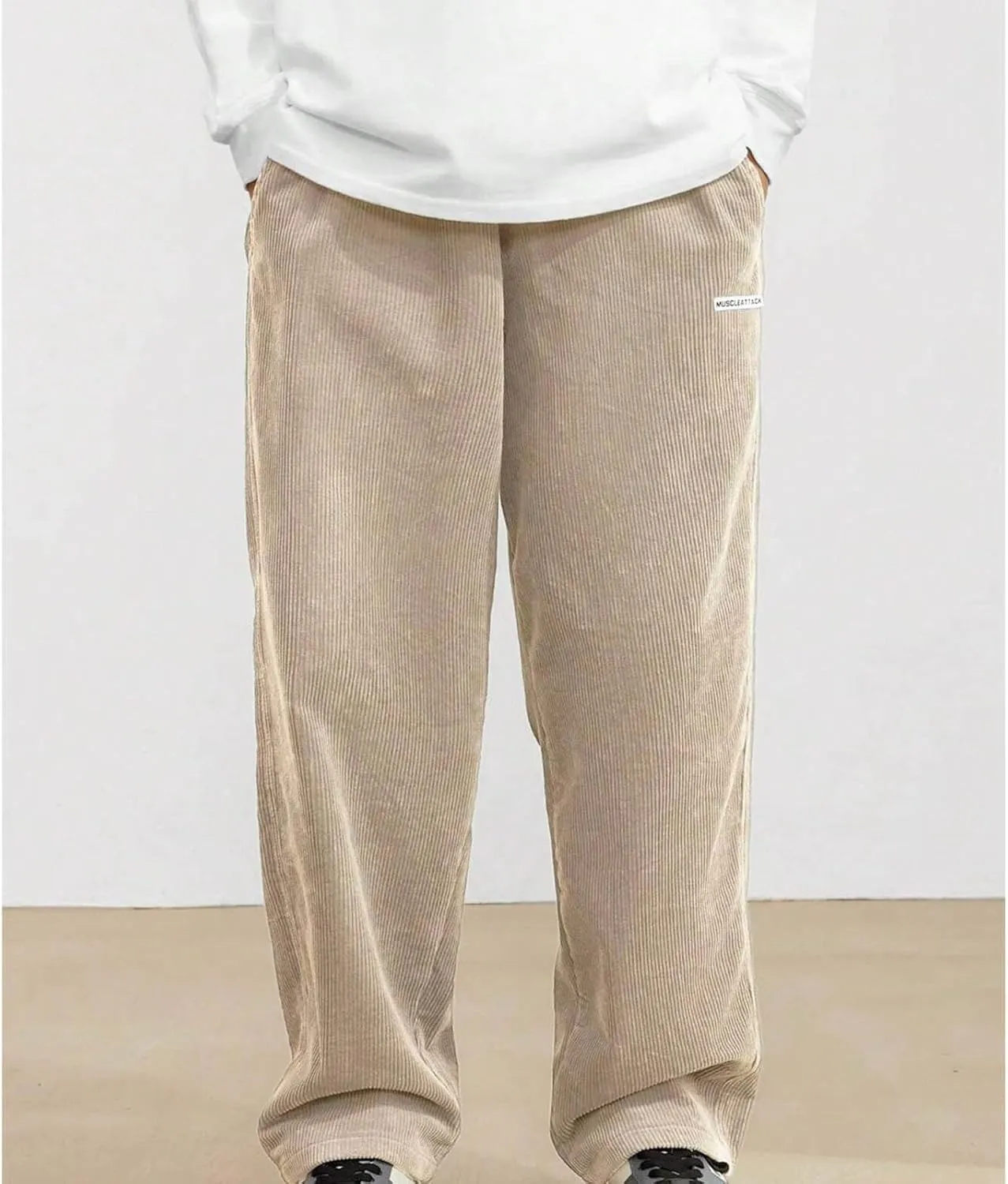 Men's Corduroy Pants Casual Loose Drawstring Elastic Waist Straight Wide Leg Jogger Sweatpant Trousers with Pockets