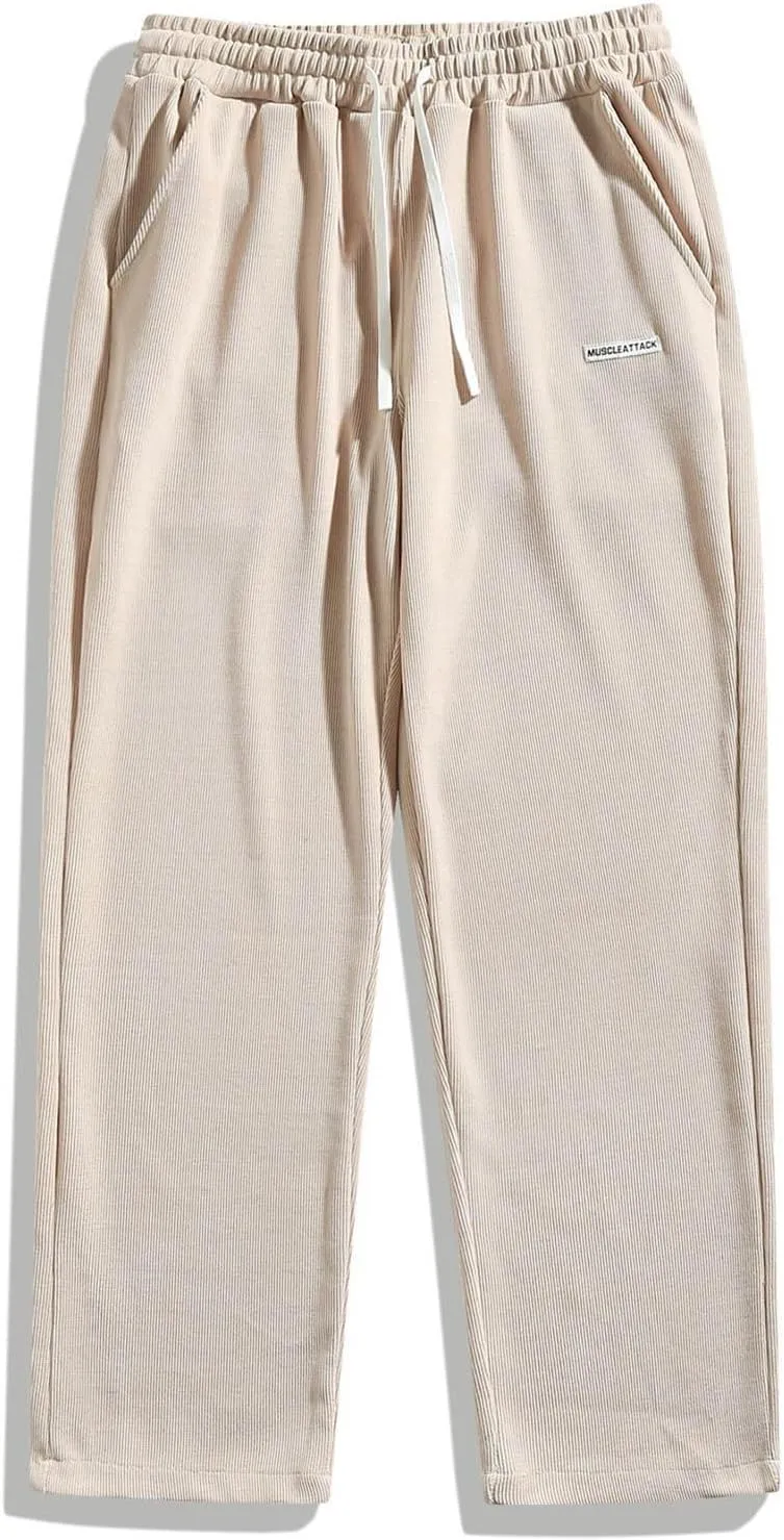 Men's Corduroy Pants Casual Loose Drawstring Elastic Waist Straight Wide Leg Jogger Sweatpant Trousers with Pockets