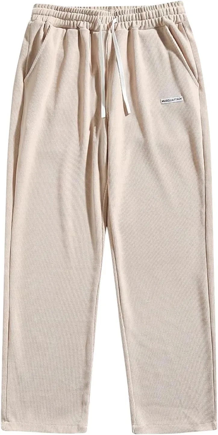 Men's Corduroy Pants Casual Loose Drawstring Elastic Waist Straight Wide Leg Jogger Sweatpant Trousers with Pockets