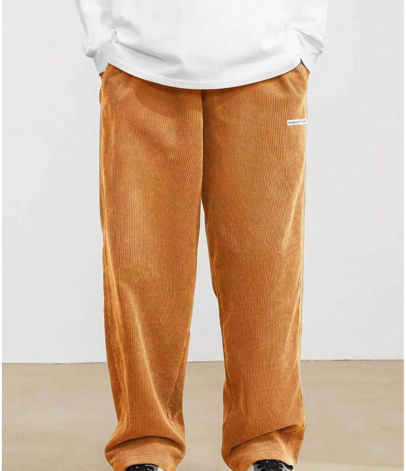 Men's Corduroy Pants Casual Loose Drawstring Elastic Waist Straight Wide Leg Jogger Sweatpant Trousers with Pockets