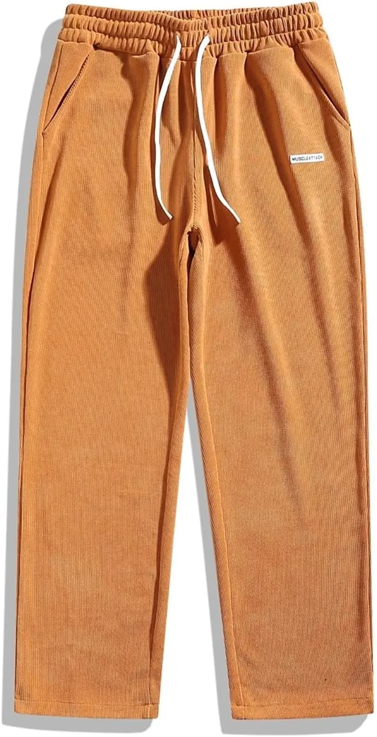 Men's Corduroy Pants Casual Loose Drawstring Elastic Waist Straight Wide Leg Jogger Sweatpant Trousers with Pockets