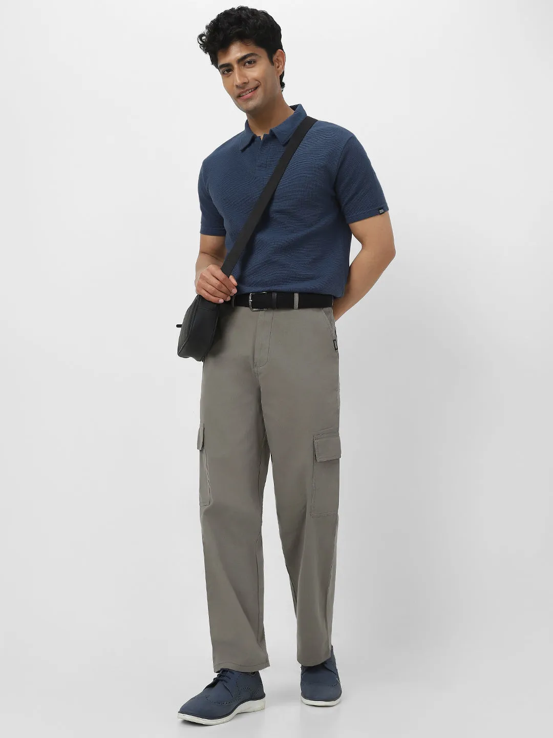 Men's Grey Loose Baggy Fit Solid Cargo Chino Pant with 6 Pockets Non-Stretchable