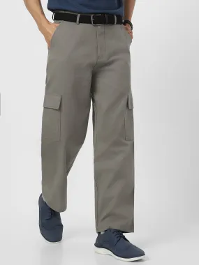 Men's Grey Loose Baggy Fit Solid Cargo Chino Pant with 6 Pockets Non-Stretchable