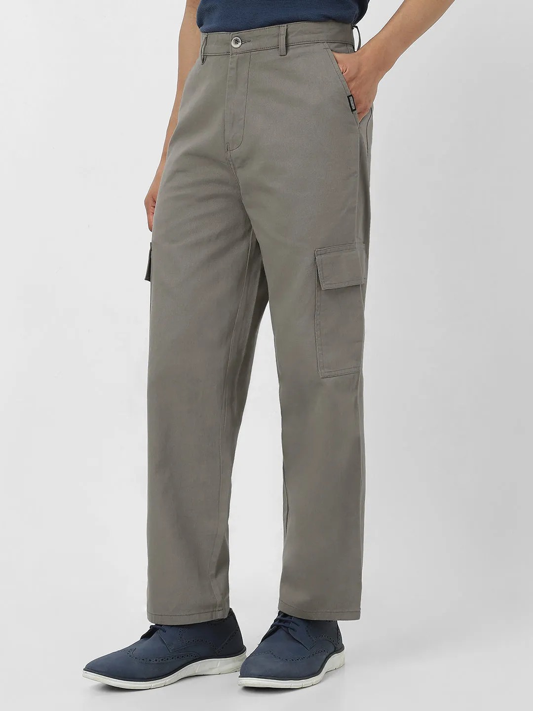 Men's Grey Loose Baggy Fit Solid Cargo Chino Pant with 6 Pockets Non-Stretchable