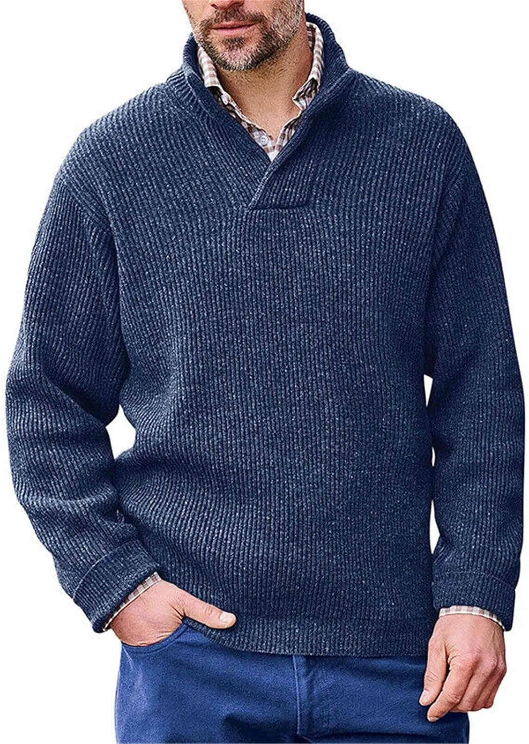 Men's V Neck Cable Knit Mock Neck Loose Fit Pullover Sweater Solid Color Winter Warm Comfortable Sweater Outwear