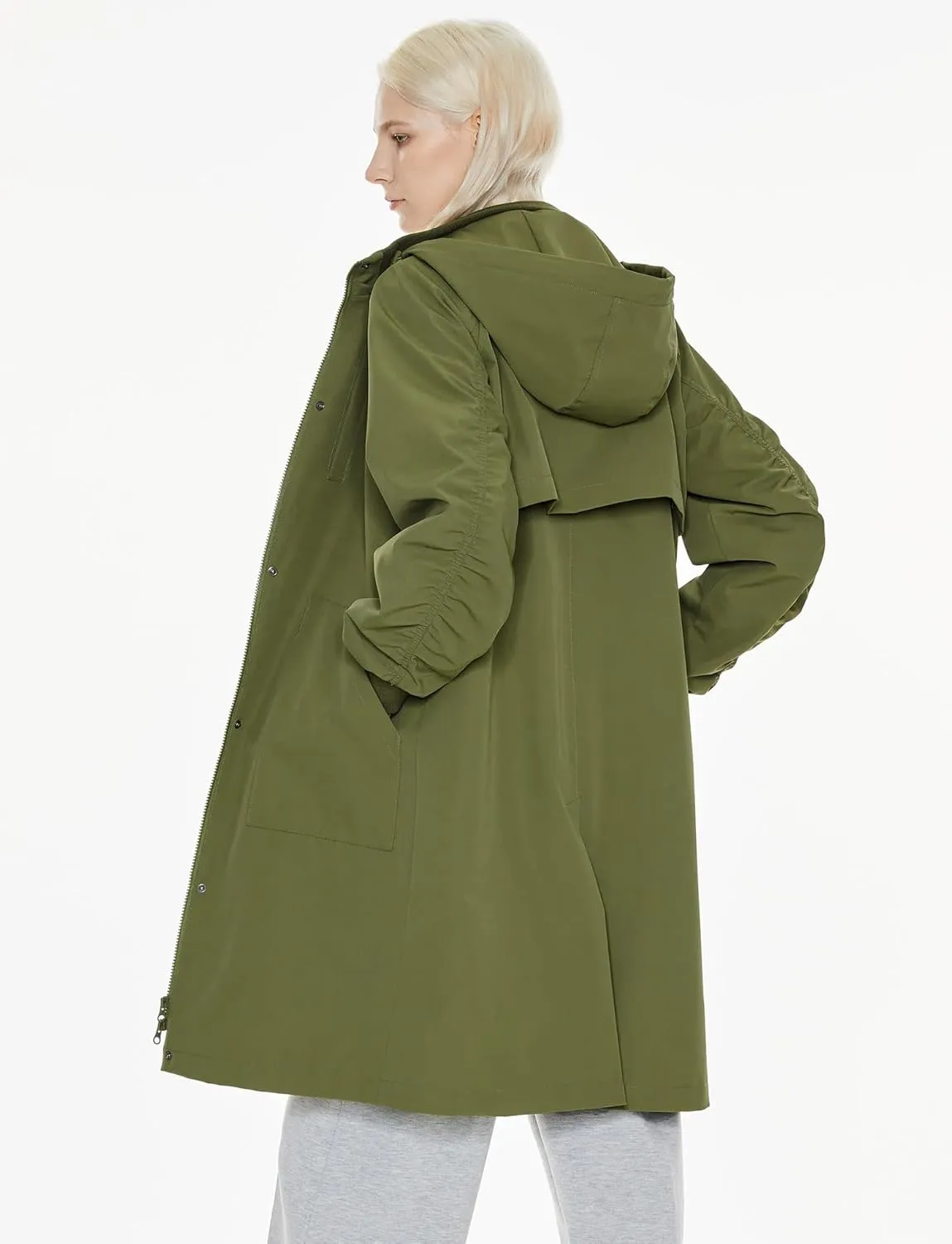 Orolay Women's Casual Hooded Raincoat Spring Light Jacket Zip Up Long Overcoat Warm Windbreaker with Belt