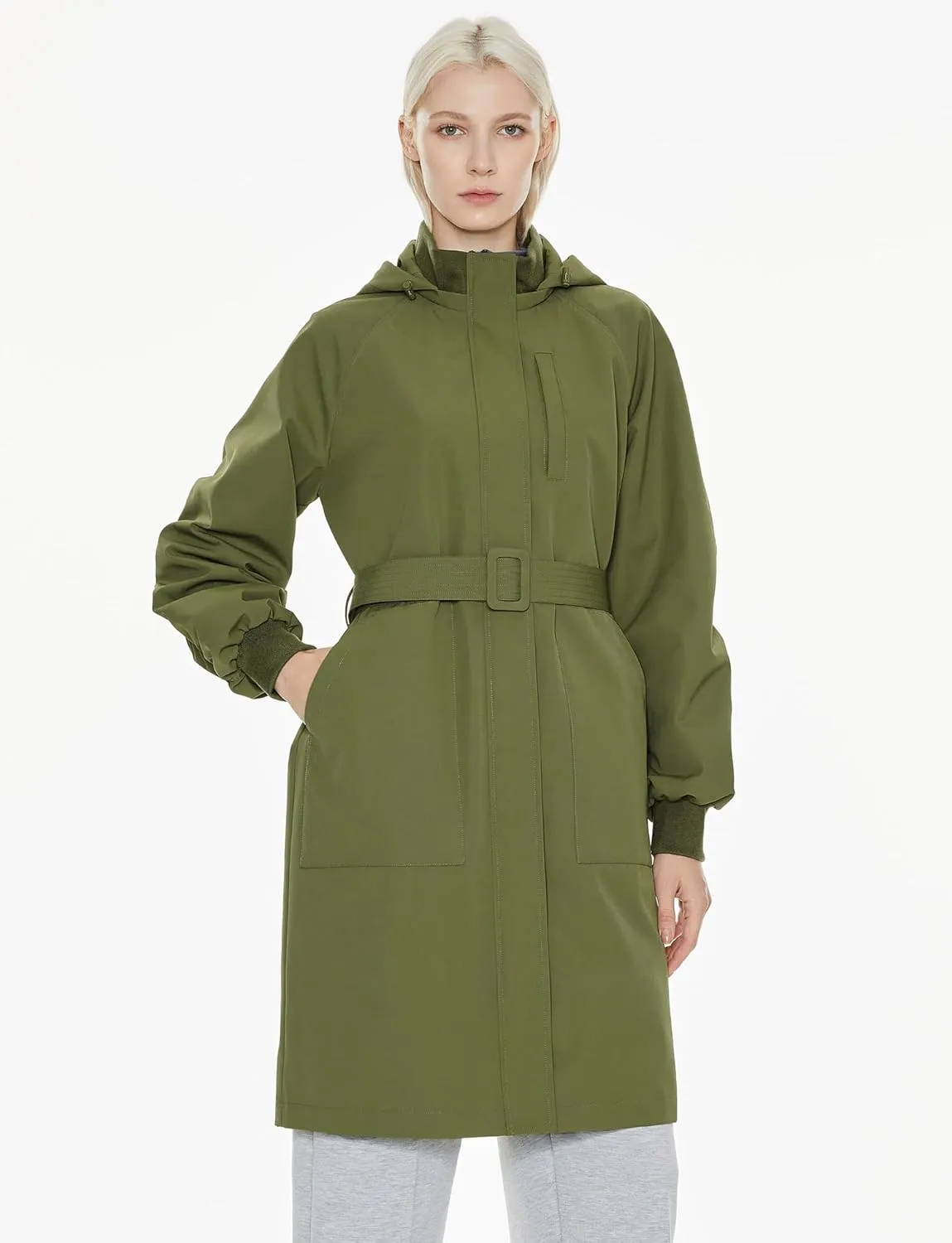 Orolay Women's Casual Hooded Raincoat Spring Light Jacket Zip Up Long Overcoat Warm Windbreaker with Belt