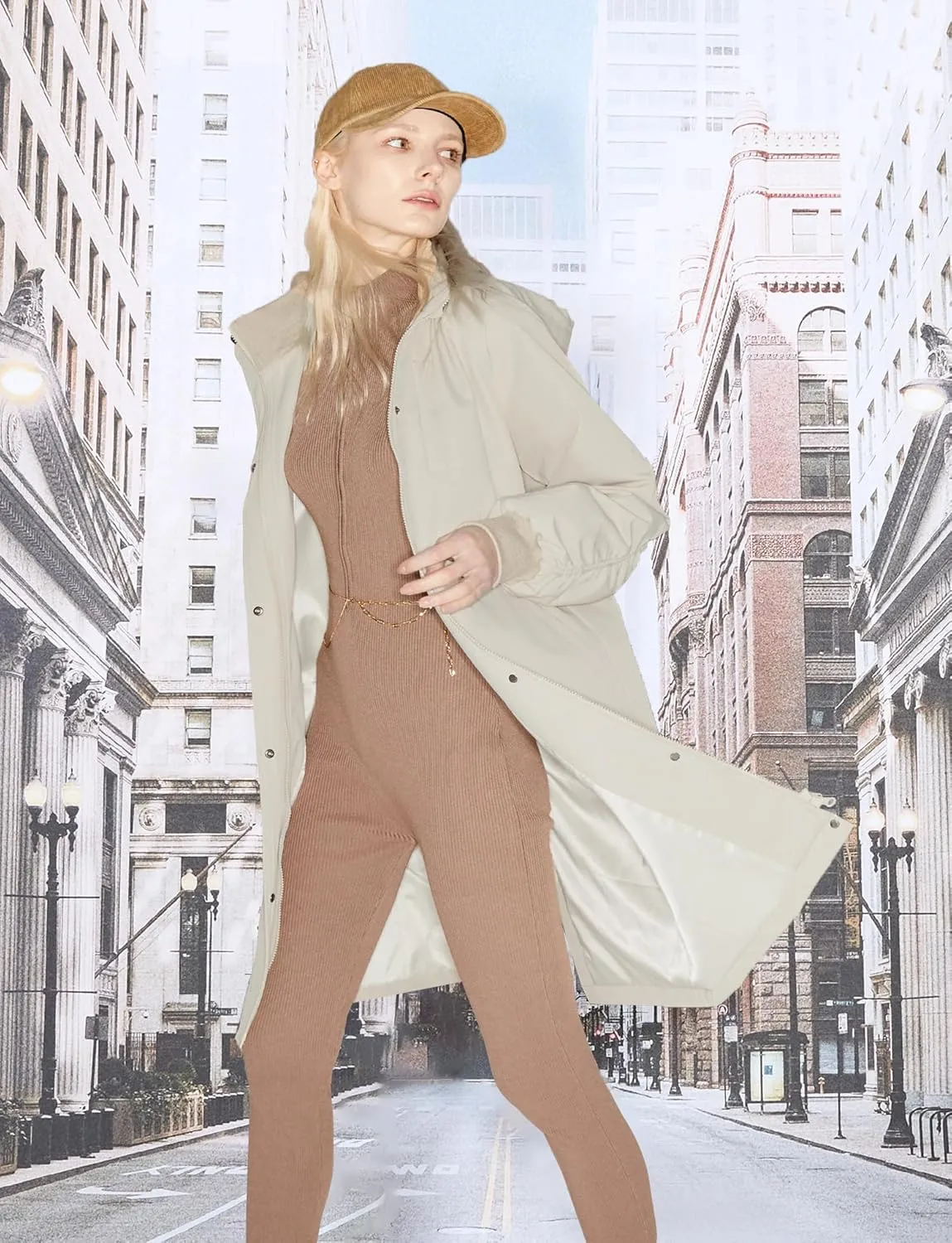 Orolay Women's Casual Hooded Raincoat Spring Light Jacket Zip Up Long Overcoat Warm Windbreaker with Belt