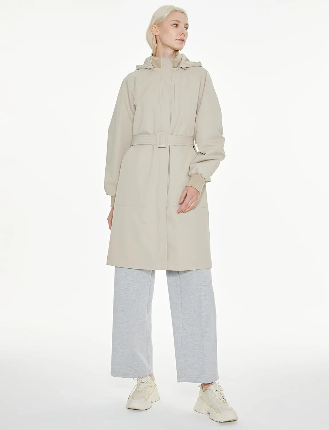 Orolay Women's Casual Hooded Raincoat Spring Light Jacket Zip Up Long Overcoat Warm Windbreaker with Belt