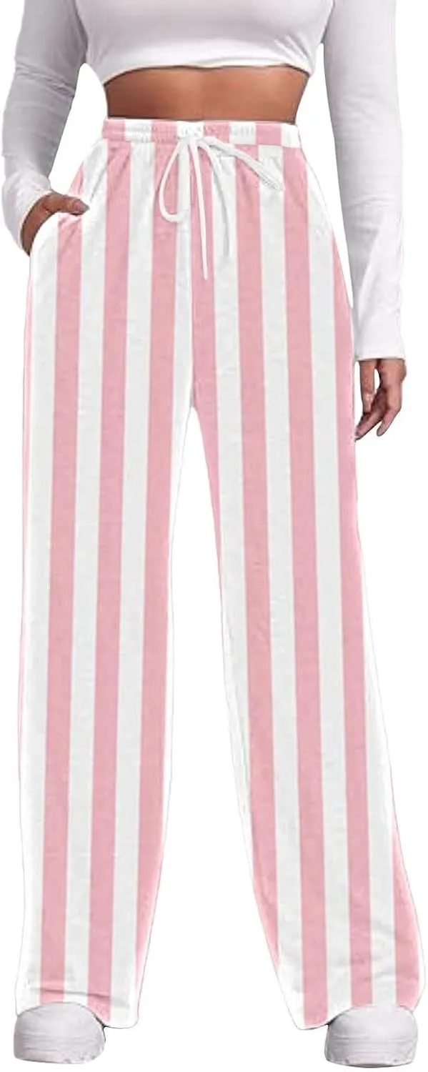 Printed Drawstring Baggy Trousers Elastic Waisted Pants Women High Waisted Color Block Straight Leg Pants with Pockets
