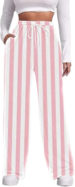 Printed Drawstring Baggy Trousers Elastic Waisted Pants Women High Waisted Color Block Straight Leg Pants with Pockets
