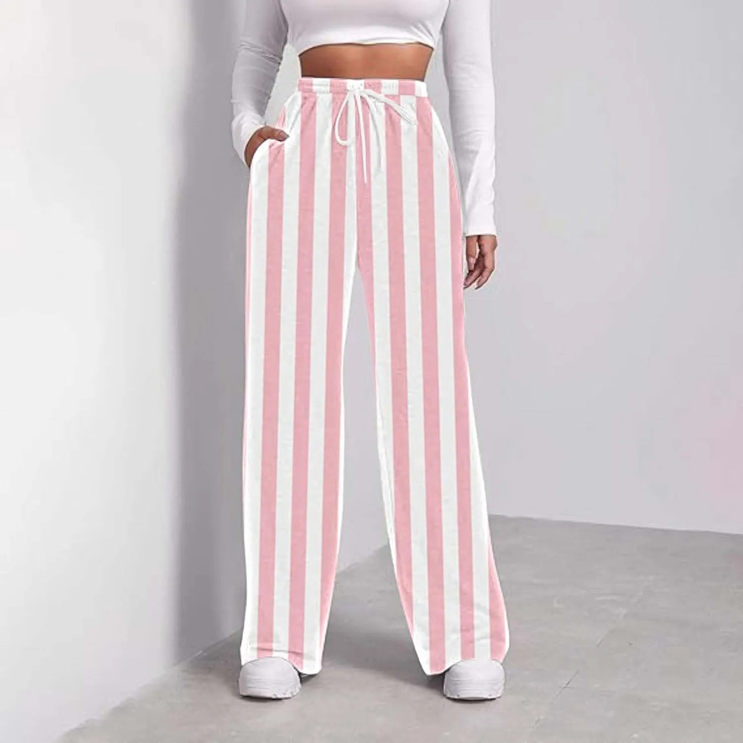 Printed Drawstring Baggy Trousers Elastic Waisted Pants Women High Waisted Color Block Straight Leg Pants with Pockets