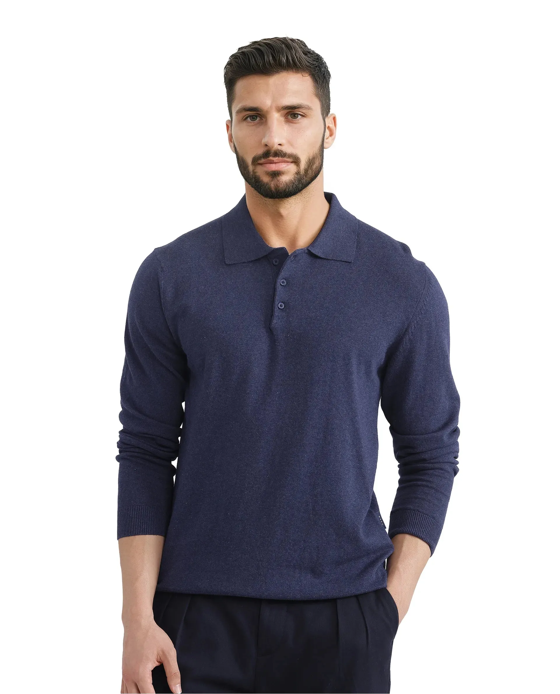 Rare Rabbit Men Pyer Navy Full Sleeve Collared Collar Button Closure Plain Polo