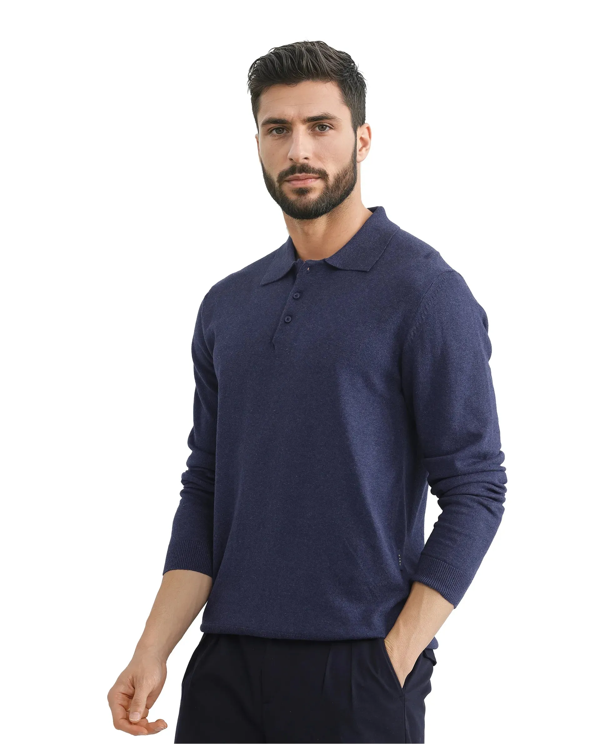 Rare Rabbit Men Pyer Navy Full Sleeve Collared Collar Button Closure Plain Polo