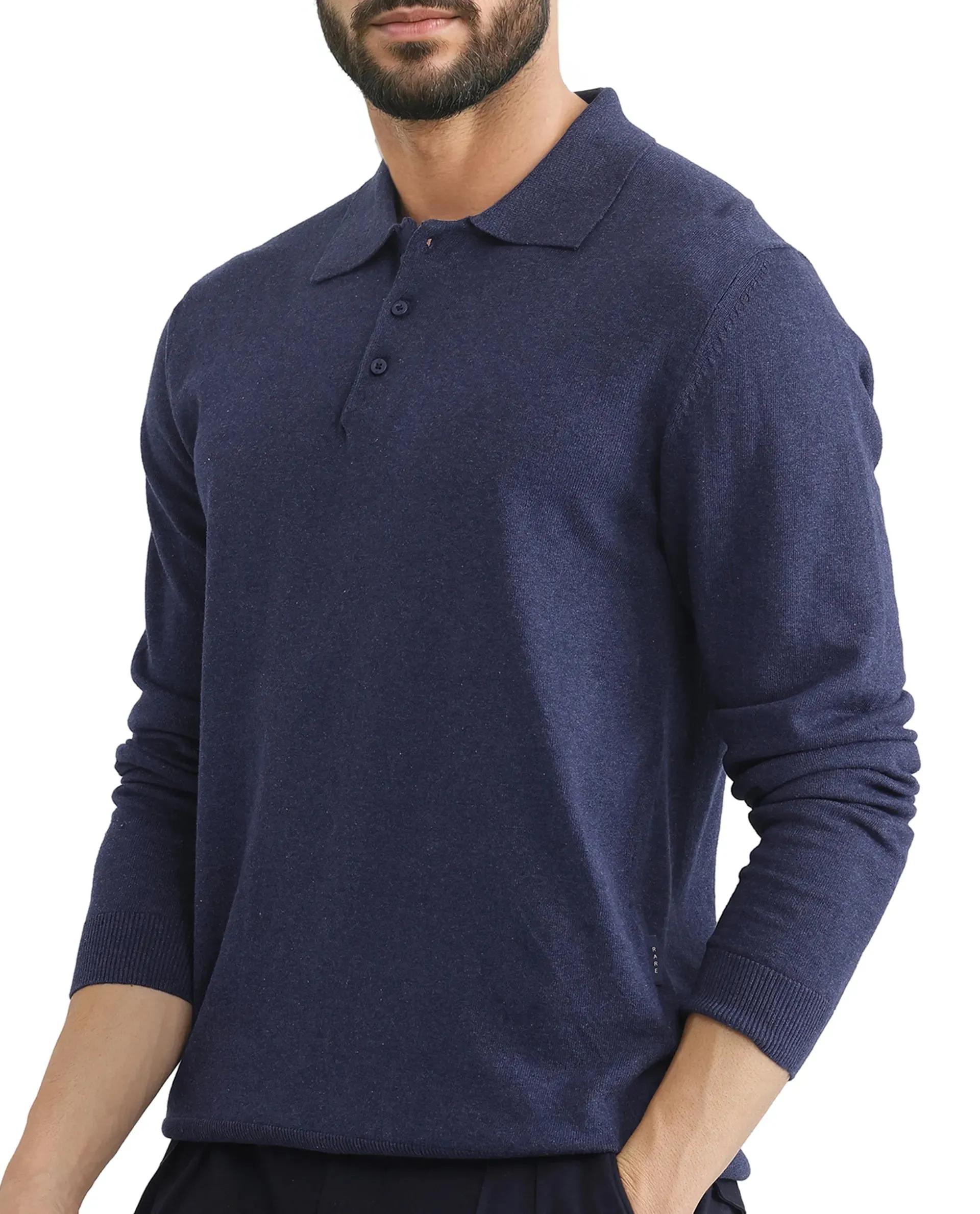 Rare Rabbit Men Pyer Navy Full Sleeve Collared Collar Button Closure Plain Polo