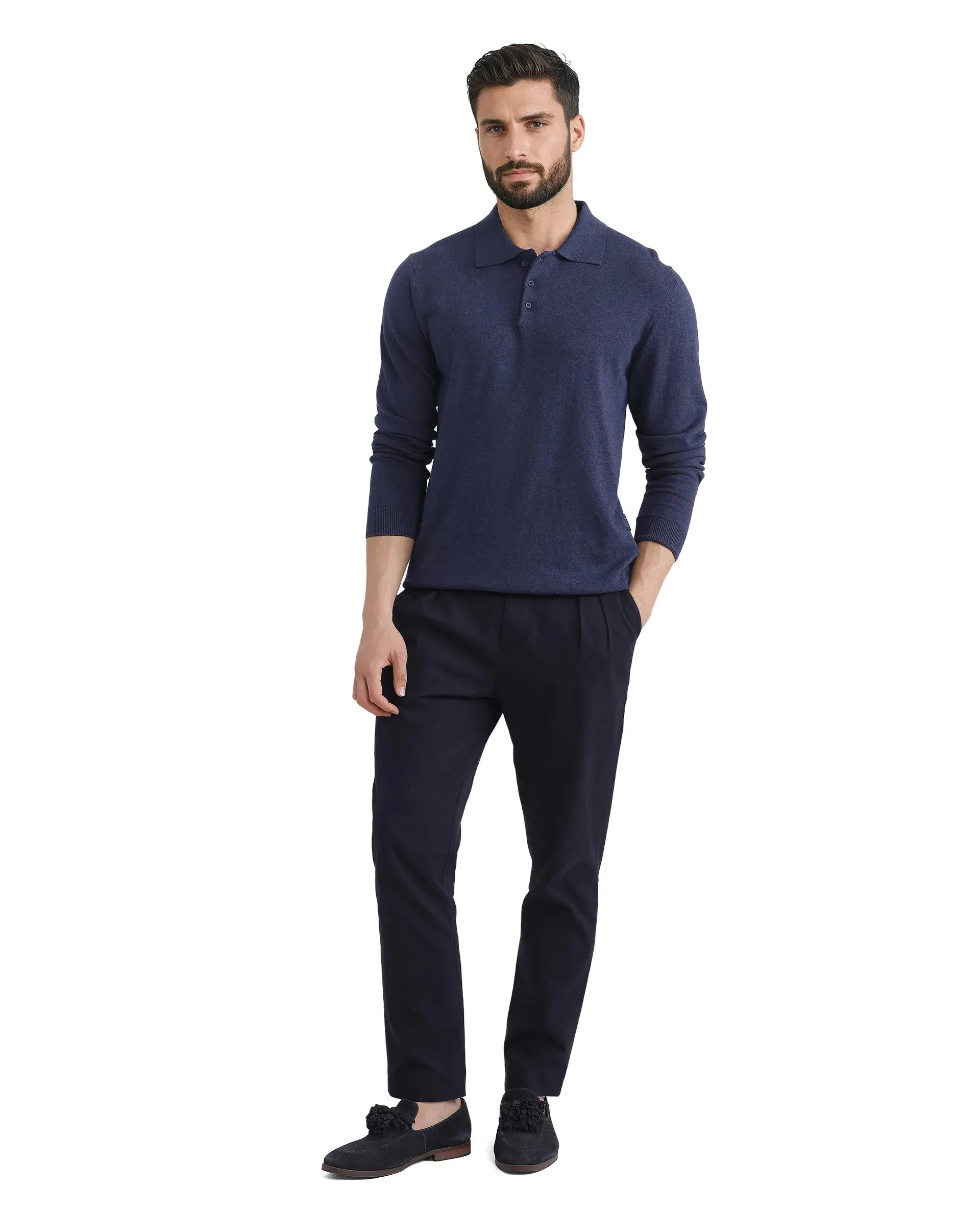 Rare Rabbit Men Pyer Navy Full Sleeve Collared Collar Button Closure Plain Polo