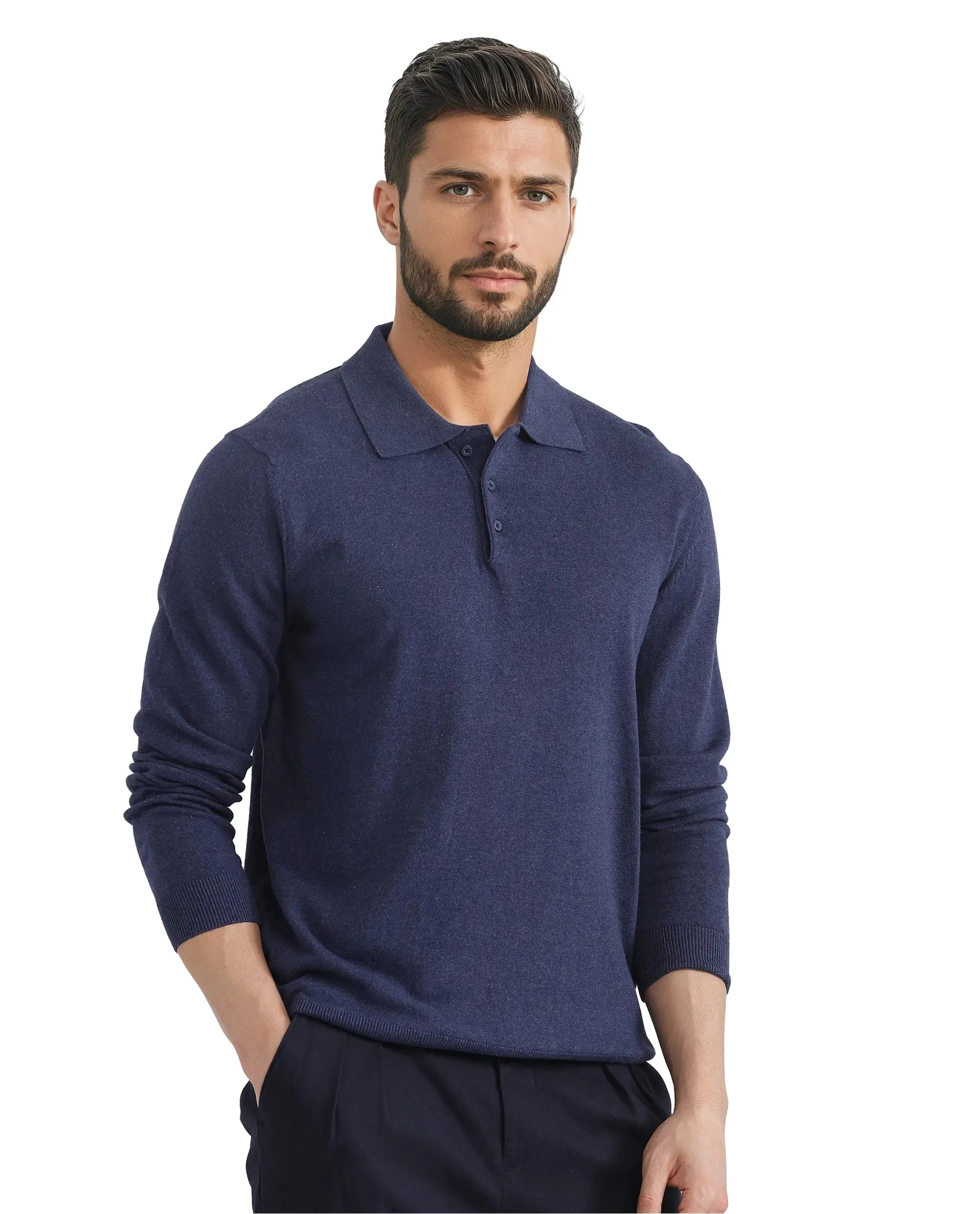 Rare Rabbit Men Pyer Navy Full Sleeve Collared Collar Button Closure Plain Polo