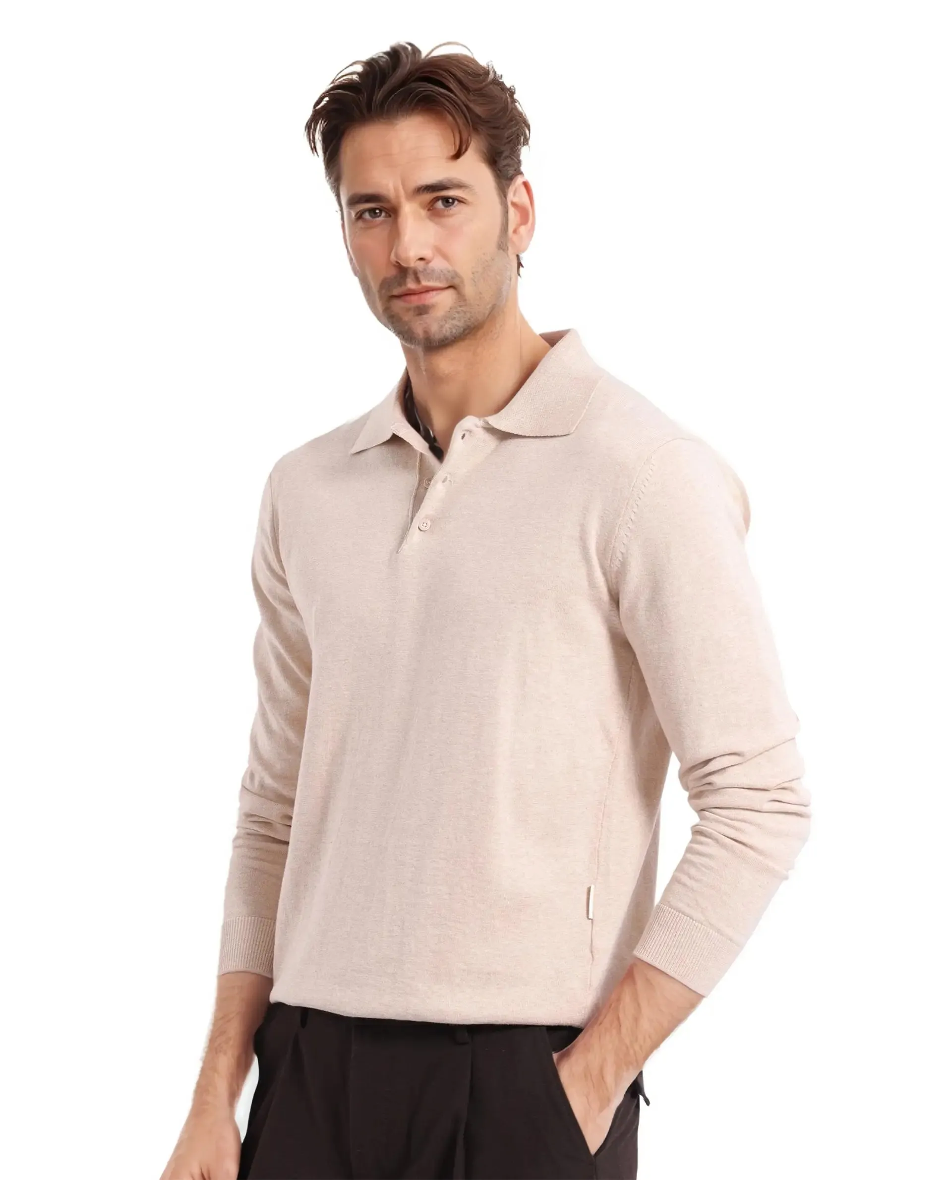Rare Rabbit Men Pyer Off White Full Sleeve Spread Collar Button Closure Flat Knit Plain Polo
