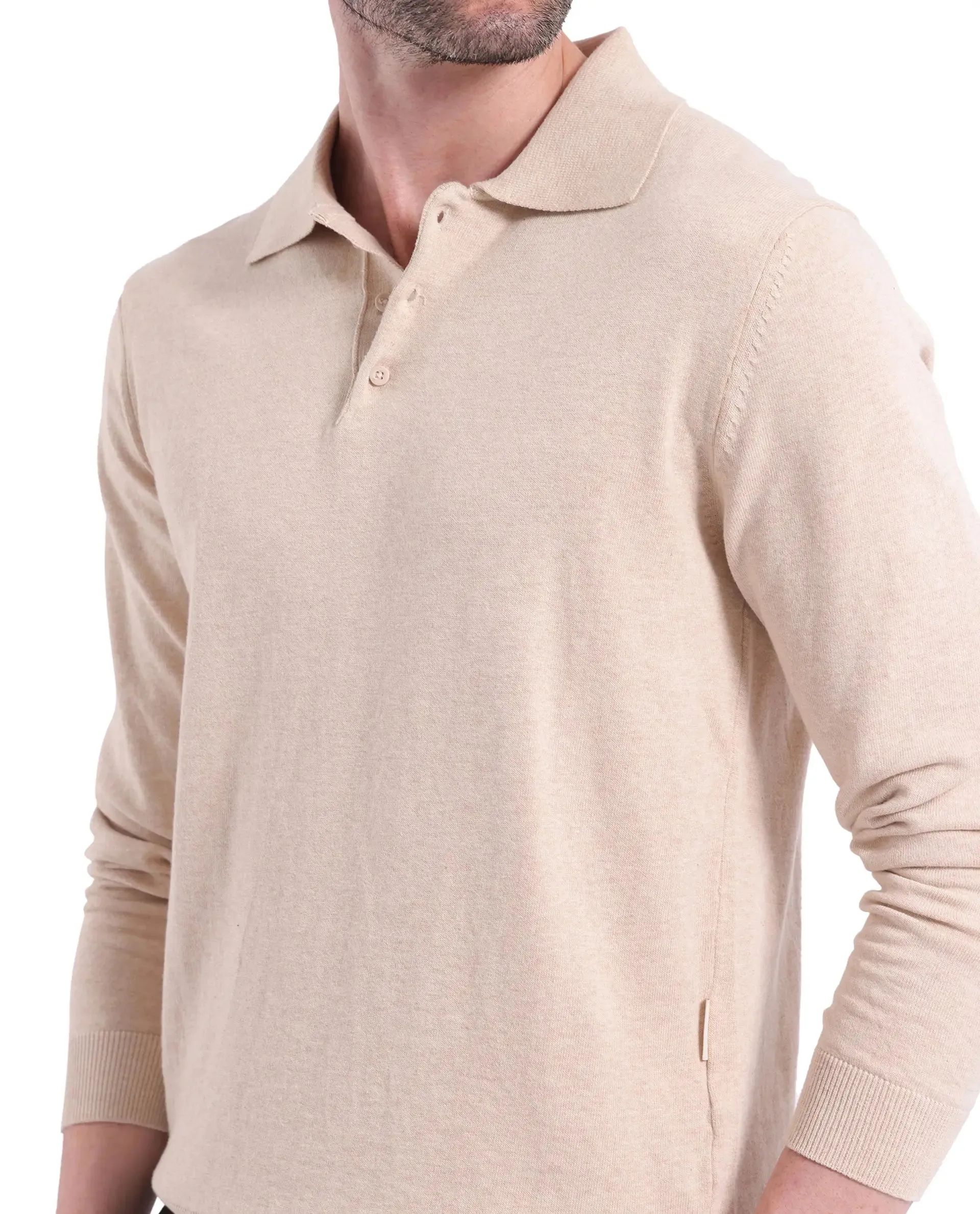 Rare Rabbit Men Pyer Off White Full Sleeve Spread Collar Button Closure Flat Knit Plain Polo