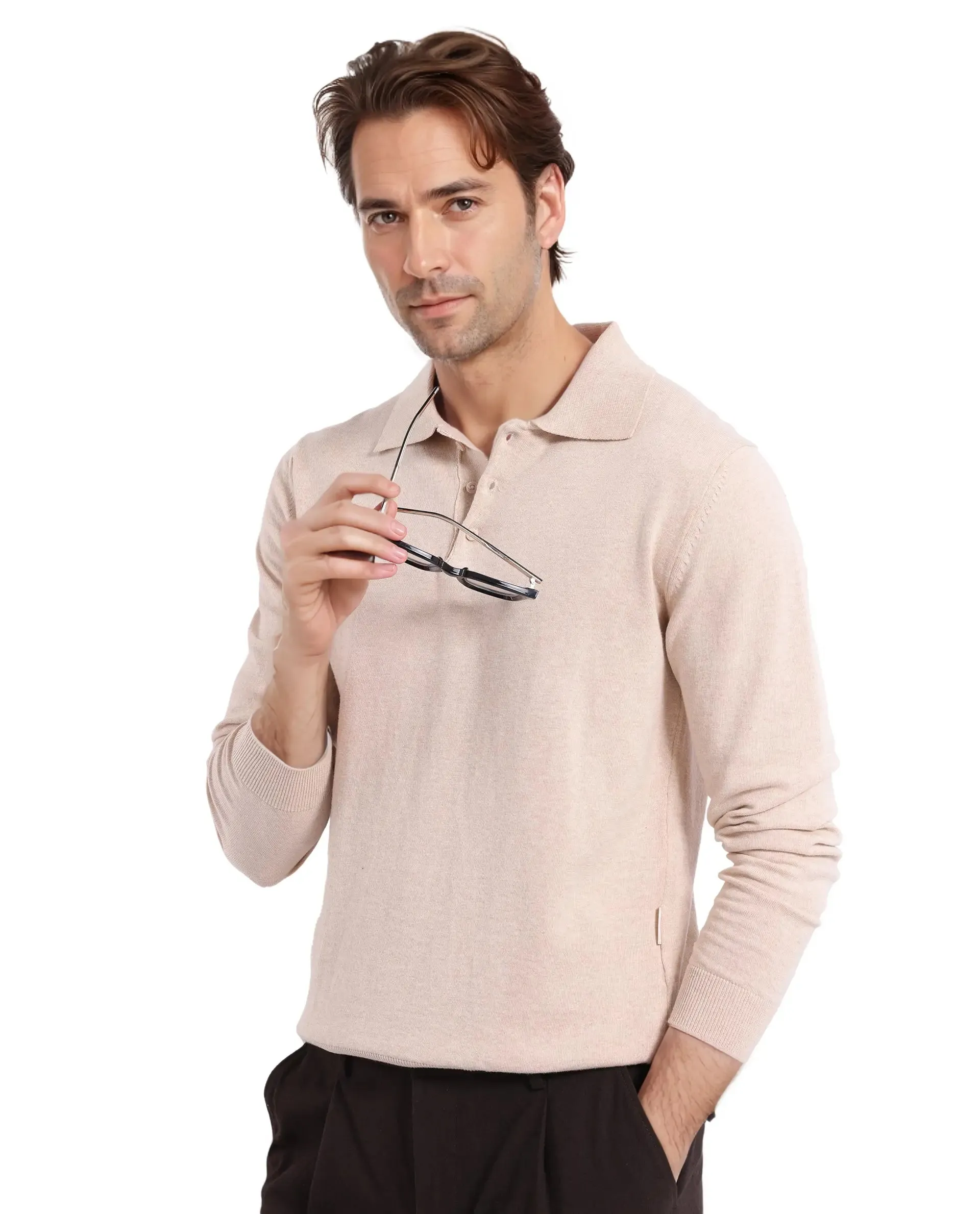 Rare Rabbit Men Pyer Off White Full Sleeve Spread Collar Button Closure Flat Knit Plain Polo