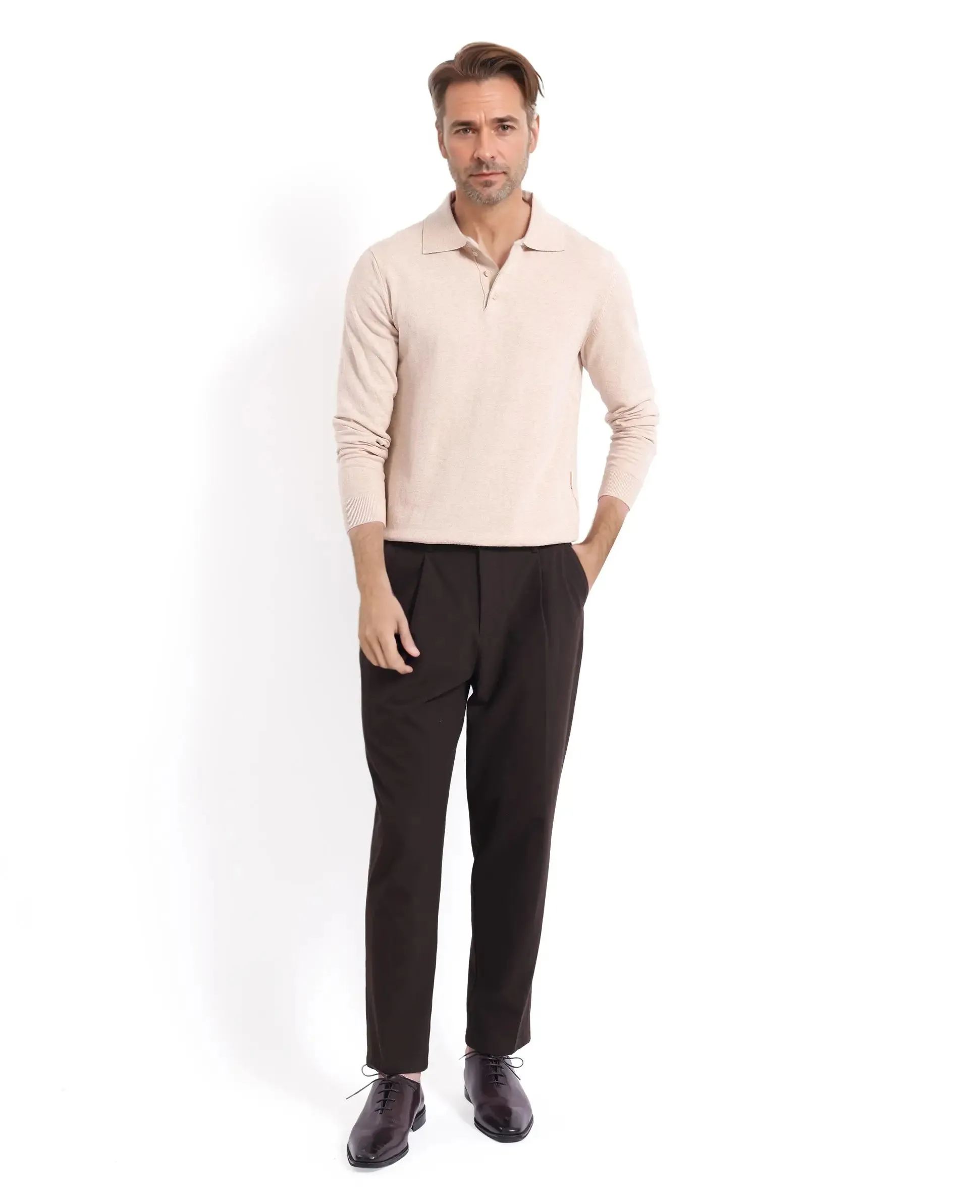 Rare Rabbit Men Pyer Off White Full Sleeve Spread Collar Button Closure Flat Knit Plain Polo