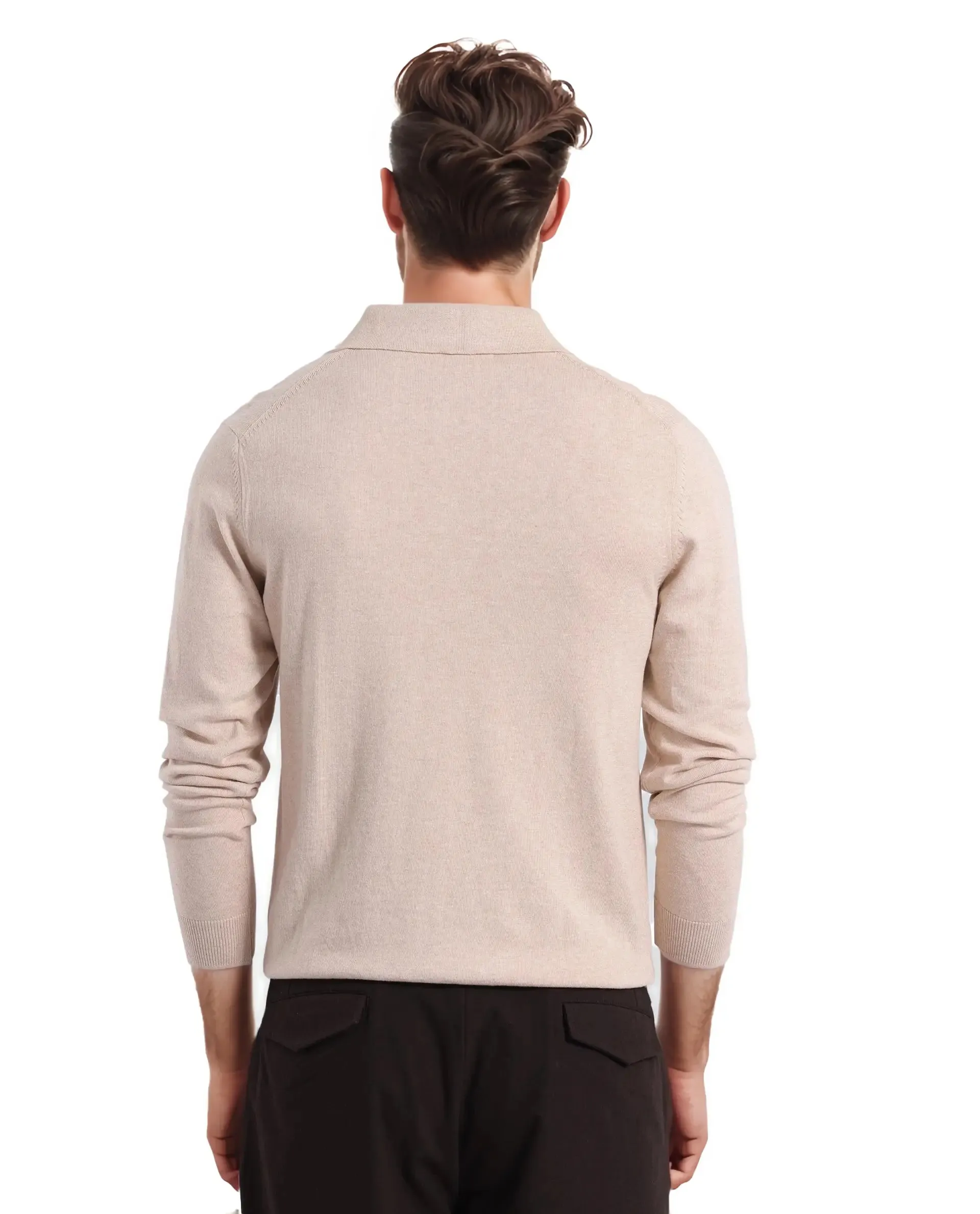 Rare Rabbit Men Pyer Off White Full Sleeve Spread Collar Button Closure Flat Knit Plain Polo