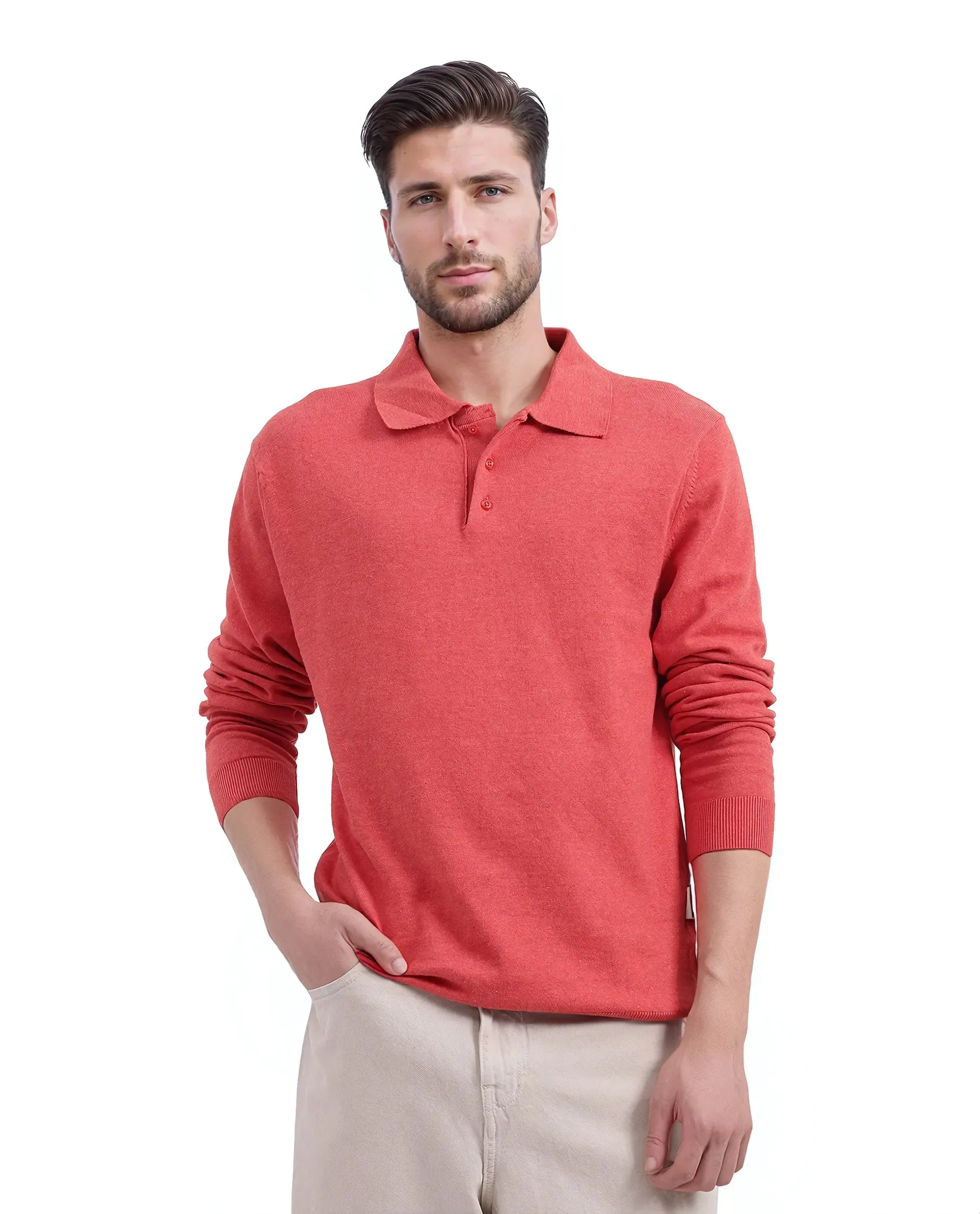 Rare Rabbit Men's Pyer Red Full Sleeve Spread Collar Button Closure Flat Knit Plain Polo