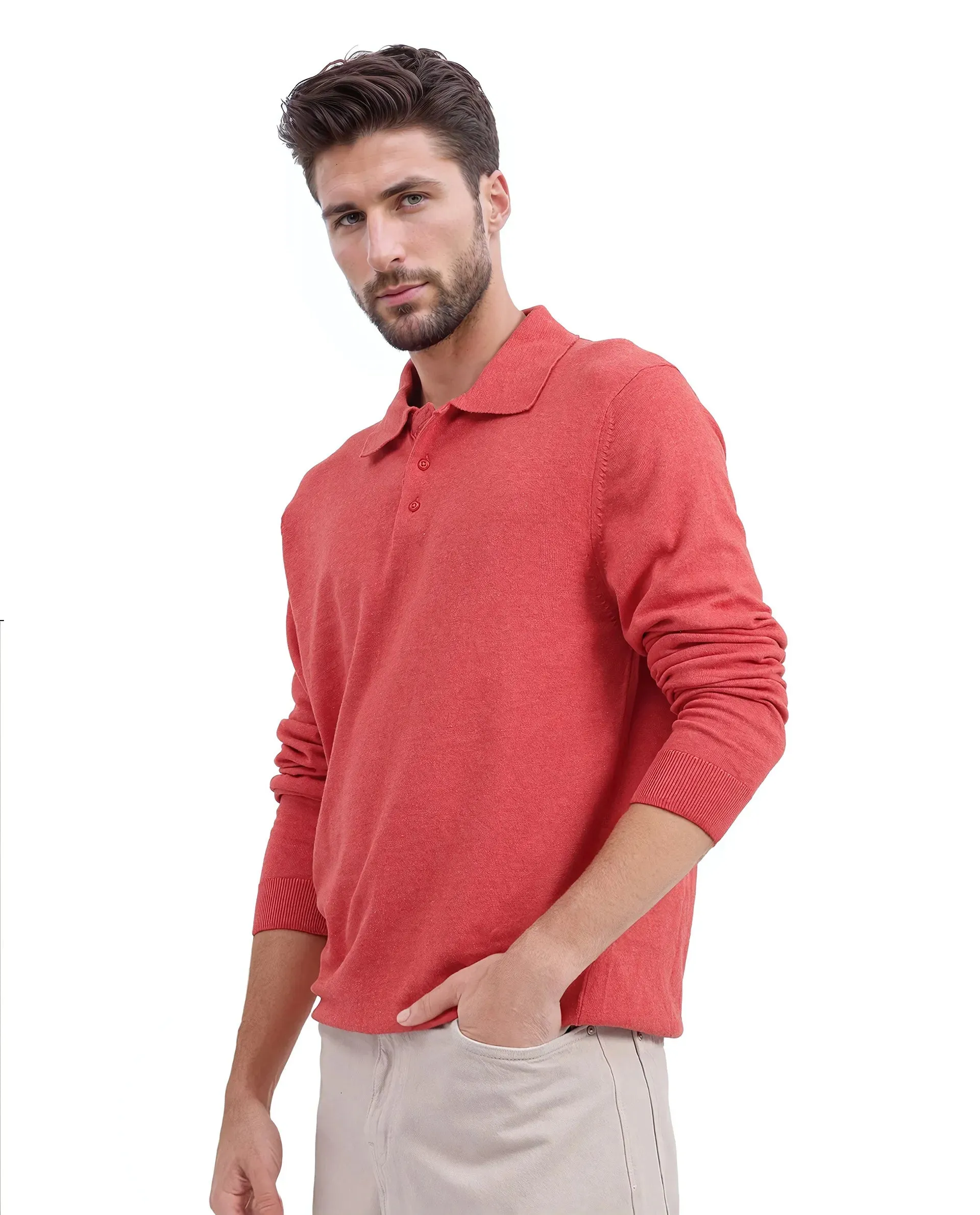 Rare Rabbit Men's Pyer Red Full Sleeve Spread Collar Button Closure Flat Knit Plain Polo