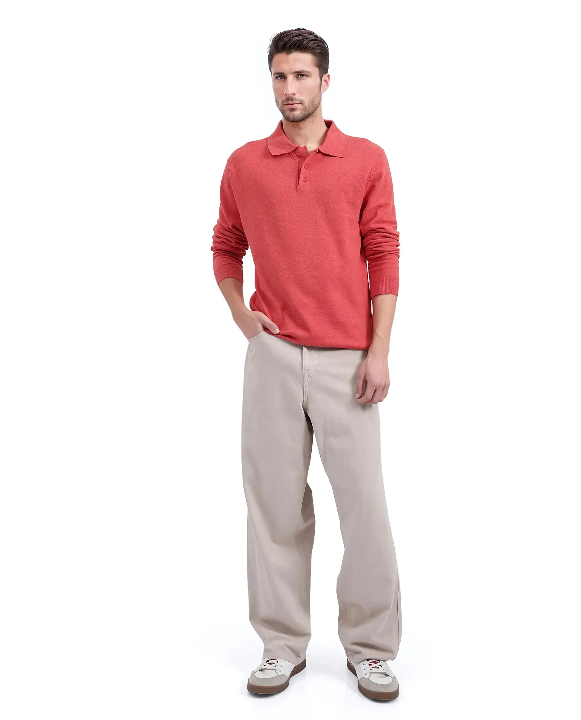 Rare Rabbit Men's Pyer Red Full Sleeve Spread Collar Button Closure Flat Knit Plain Polo