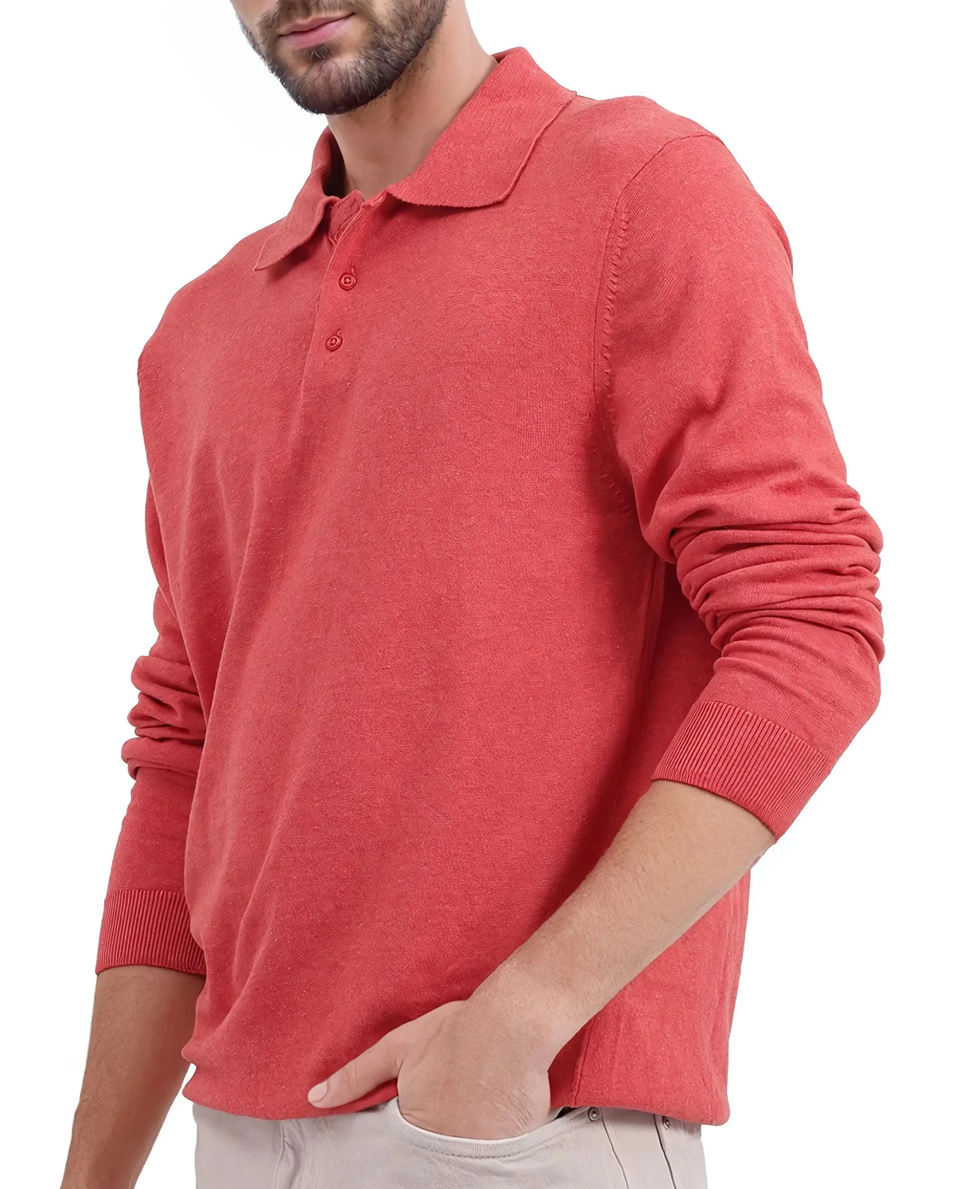Rare Rabbit Men's Pyer Red Full Sleeve Spread Collar Button Closure Flat Knit Plain Polo