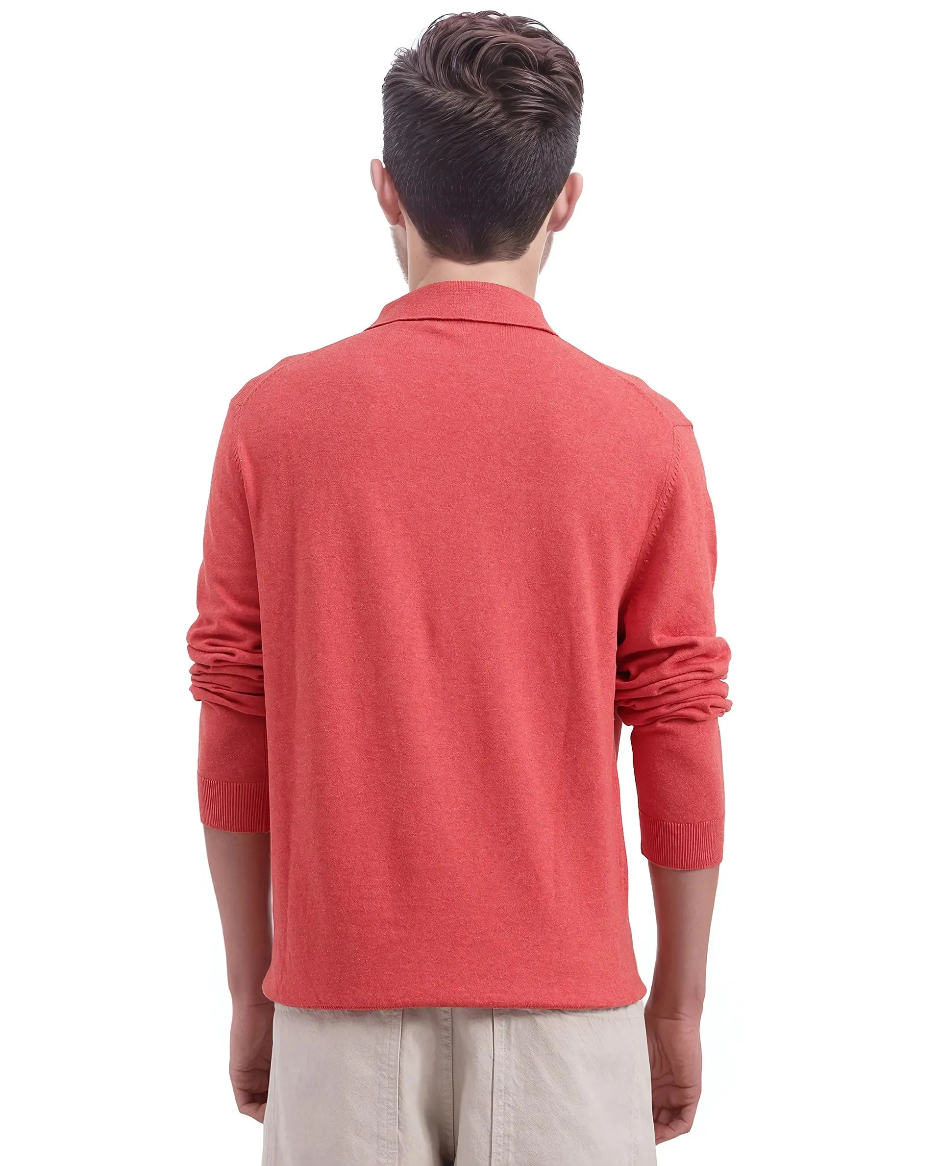 Rare Rabbit Men's Pyer Red Full Sleeve Spread Collar Button Closure Flat Knit Plain Polo