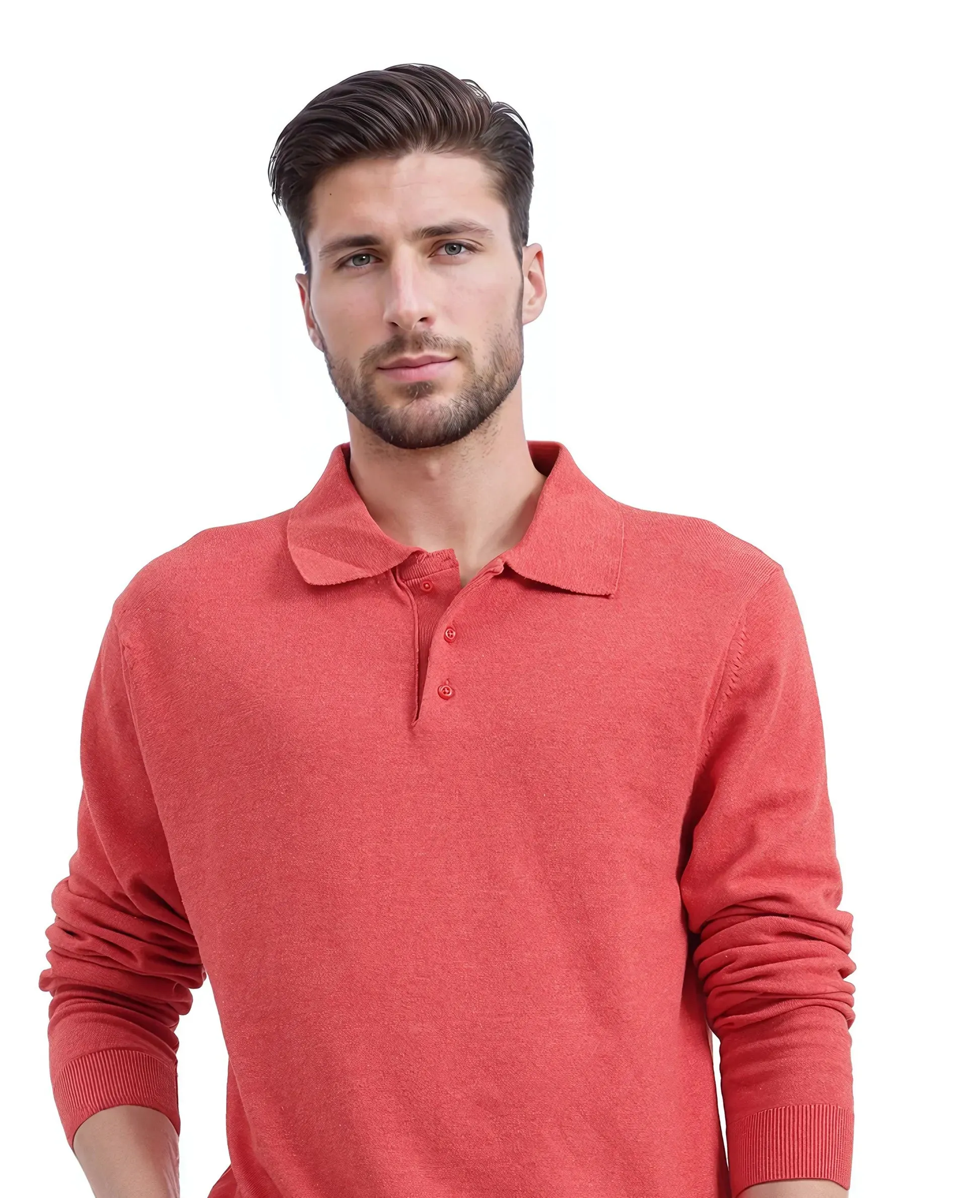 Rare Rabbit Men's Pyer Red Full Sleeve Spread Collar Button Closure Flat Knit Plain Polo