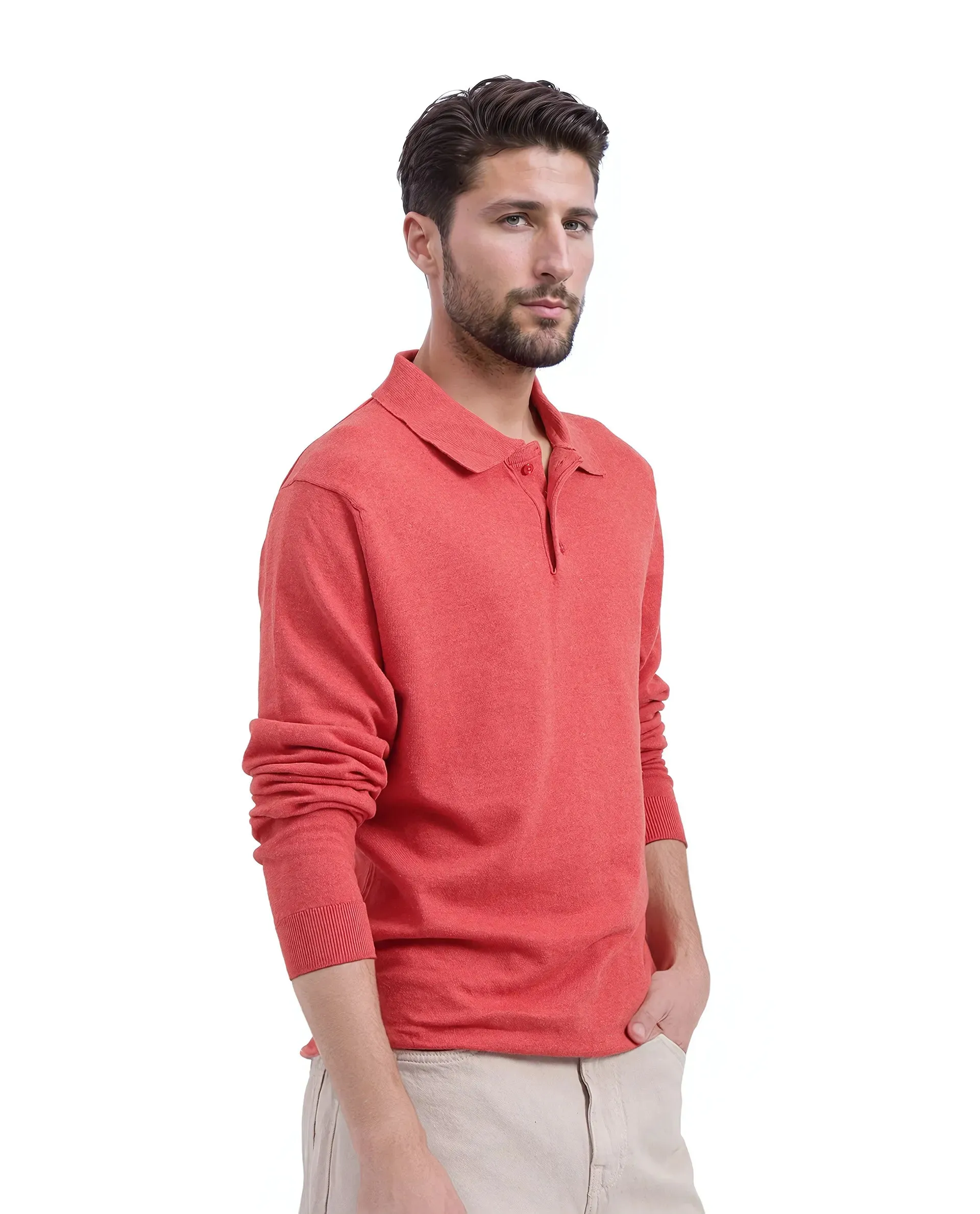 Rare Rabbit Men's Pyer Red Full Sleeve Spread Collar Button Closure Flat Knit Plain Polo