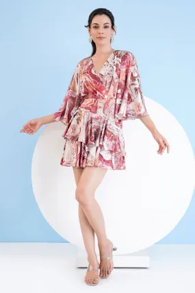 Red Printed Tiered Short Dress