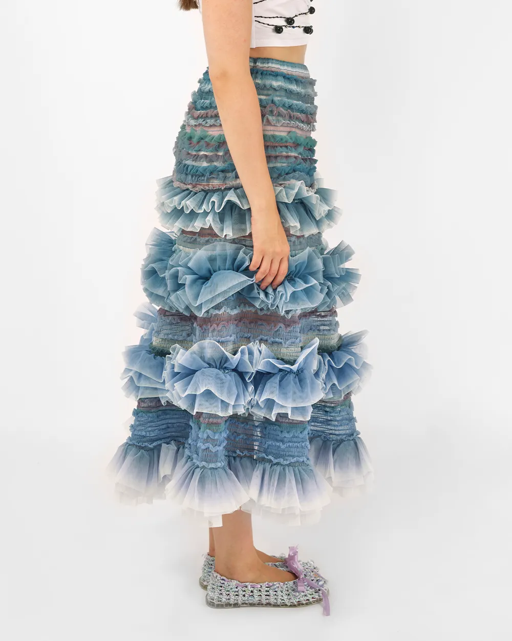 SHIRRED STRIPED TULLE MIDI SKIRT