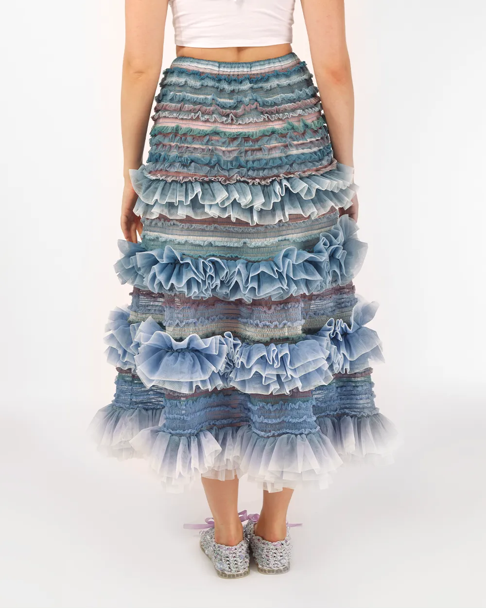 SHIRRED STRIPED TULLE MIDI SKIRT