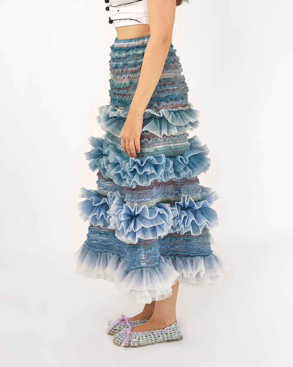 SHIRRED STRIPED TULLE MIDI SKIRT