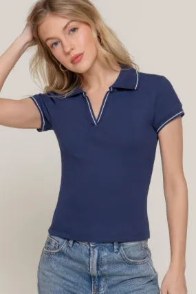 Short Slv Line Detail Polo Rib Knit Top